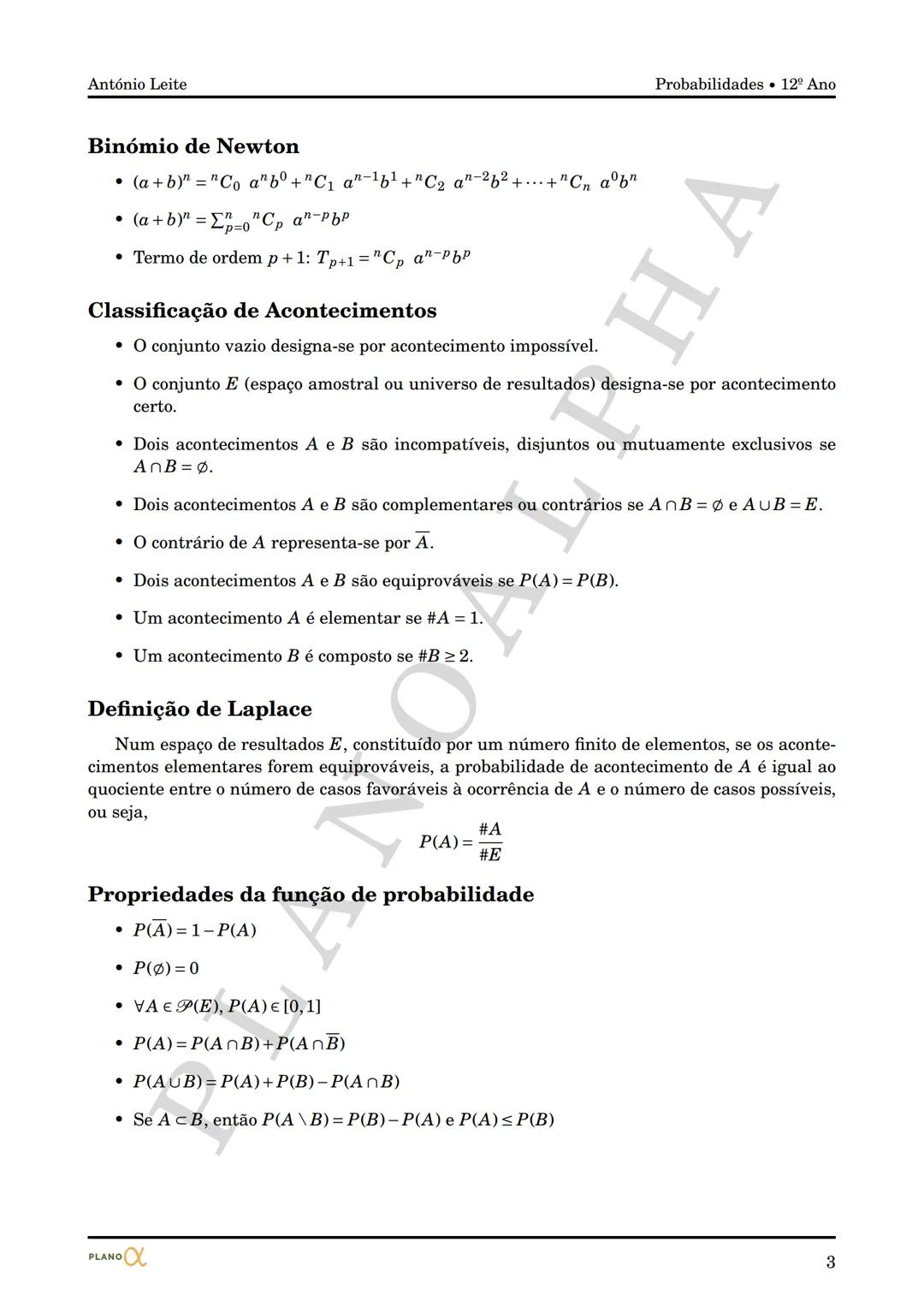 PLANO $\alpha$
MATEMÁTICA A
12º ANO
Probabilidades
ANTÓNIO LEITE
2021 António Leite Probabilidades 12º Ano
# PROBABILIDADES
## Propri