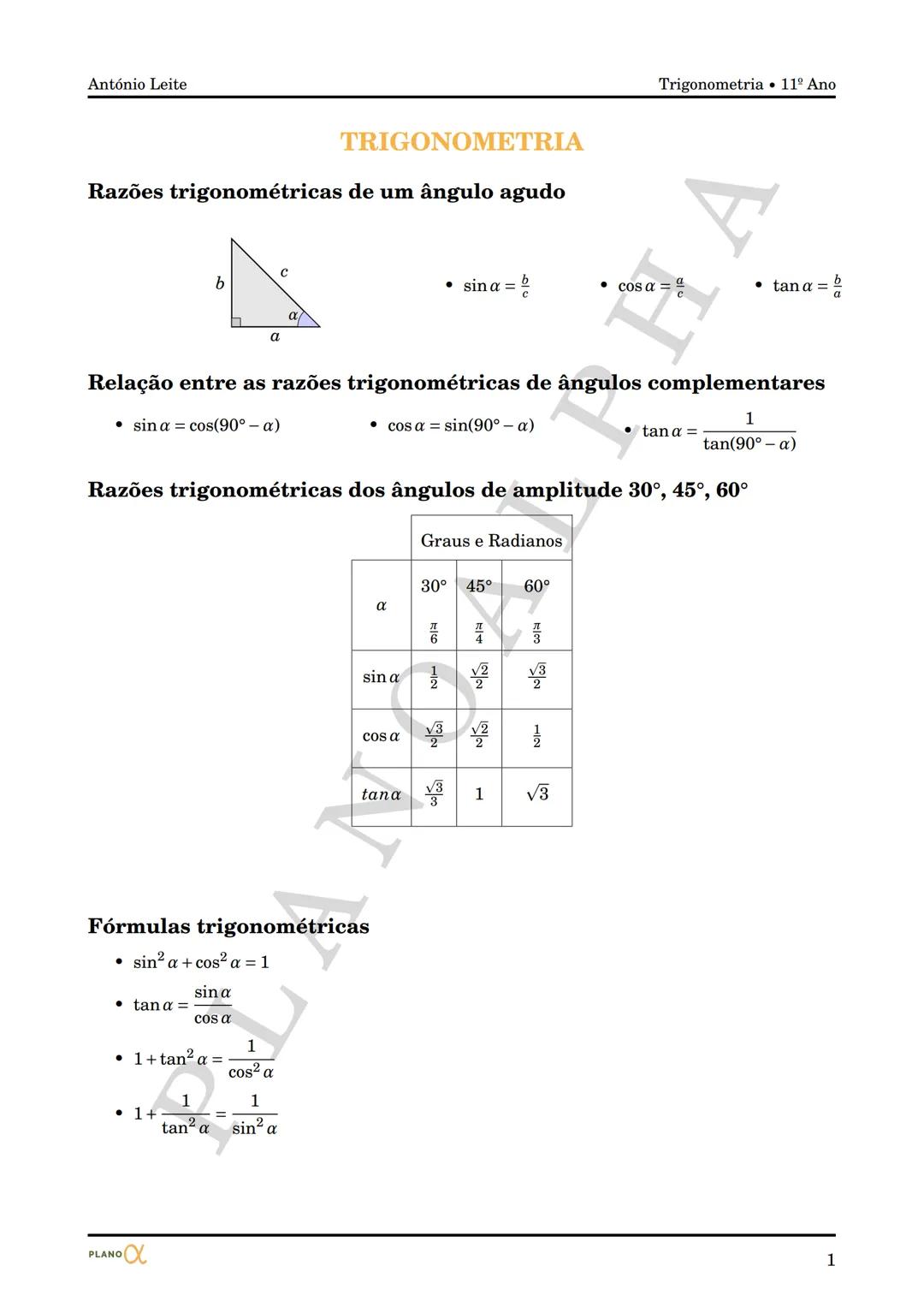 PLANO $\alpha$
MATEMÁTICA A
11º ANO
Trigonometria
ANTÓNIO LEITE
2021 António Leite
TRIGONOMETRIA
Razões trigonométricas de um ângulo