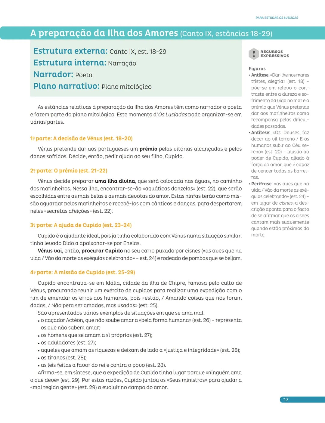Para estudar
Os Lusíadas Apresentamos-te uma síntese dos textos que estudaste, relacionados com os planos
a que pertencem.
| Cantos | Estân