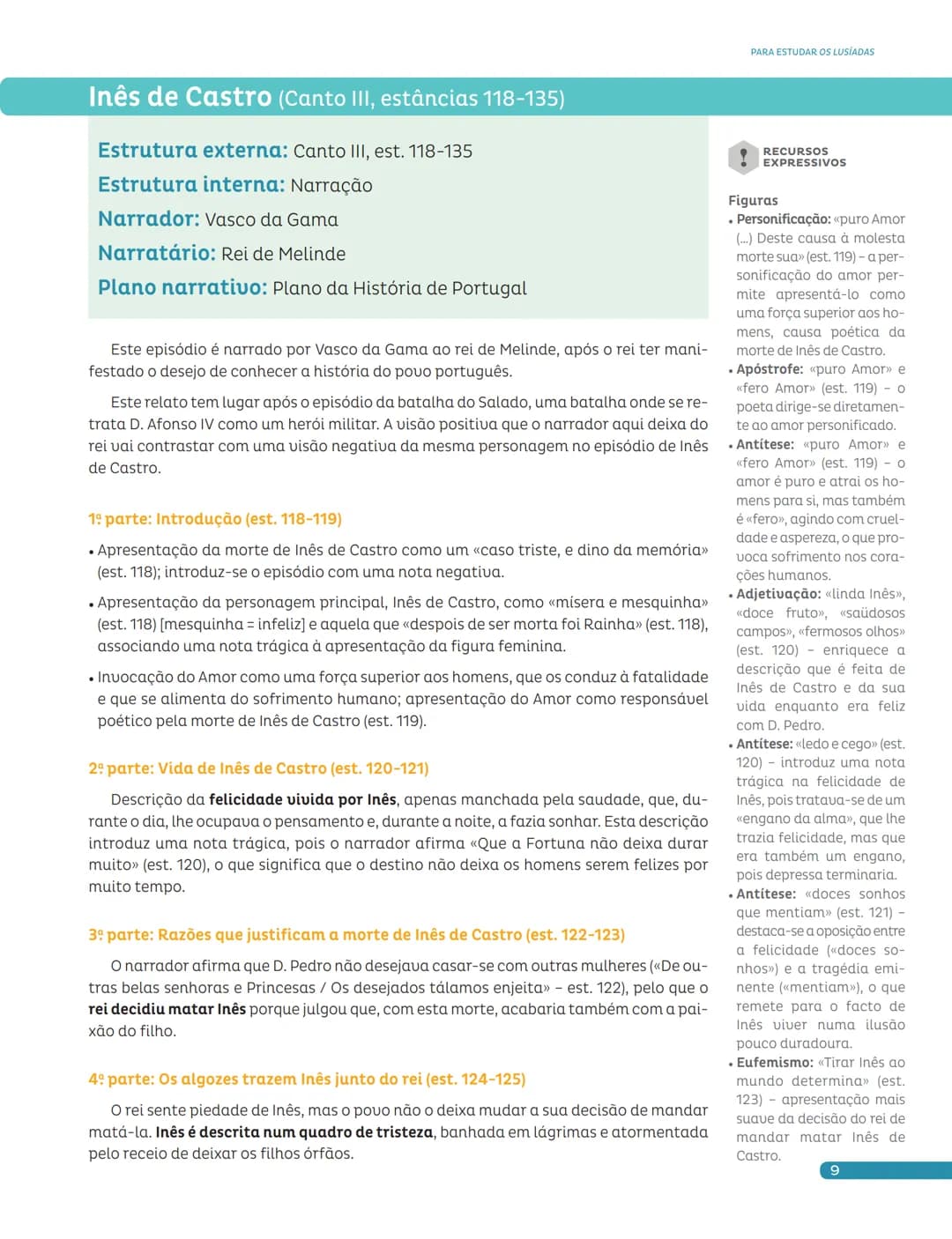 Para estudar
Os Lusíadas Apresentamos-te uma síntese dos textos que estudaste, relacionados com os planos
a que pertencem.
| Cantos | Estân