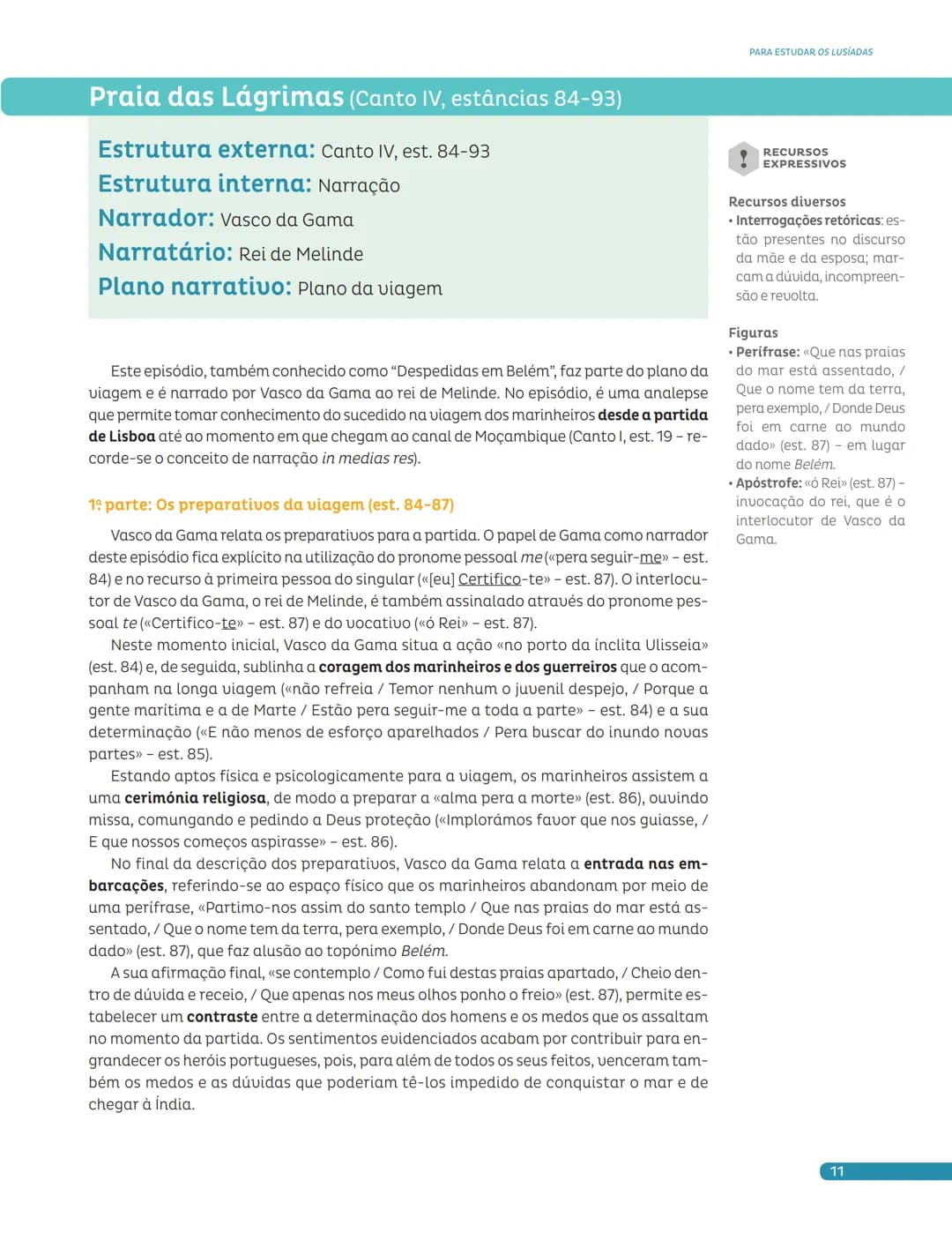 Para estudar
Os Lusíadas Apresentamos-te uma síntese dos textos que estudaste, relacionados com os planos
a que pertencem.
| Cantos | Estân