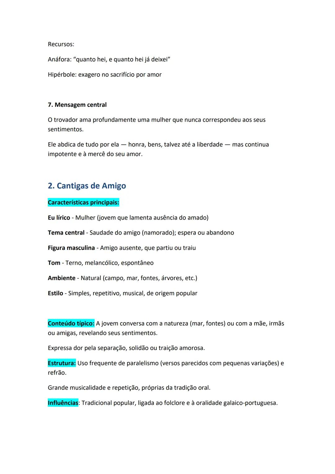 # Resumo Completo da Poesia Trovadoresca
Galego-Portuguesa
1. Cantigas de Amor
**Características principais:**
Eu lírico - Homem (geralme