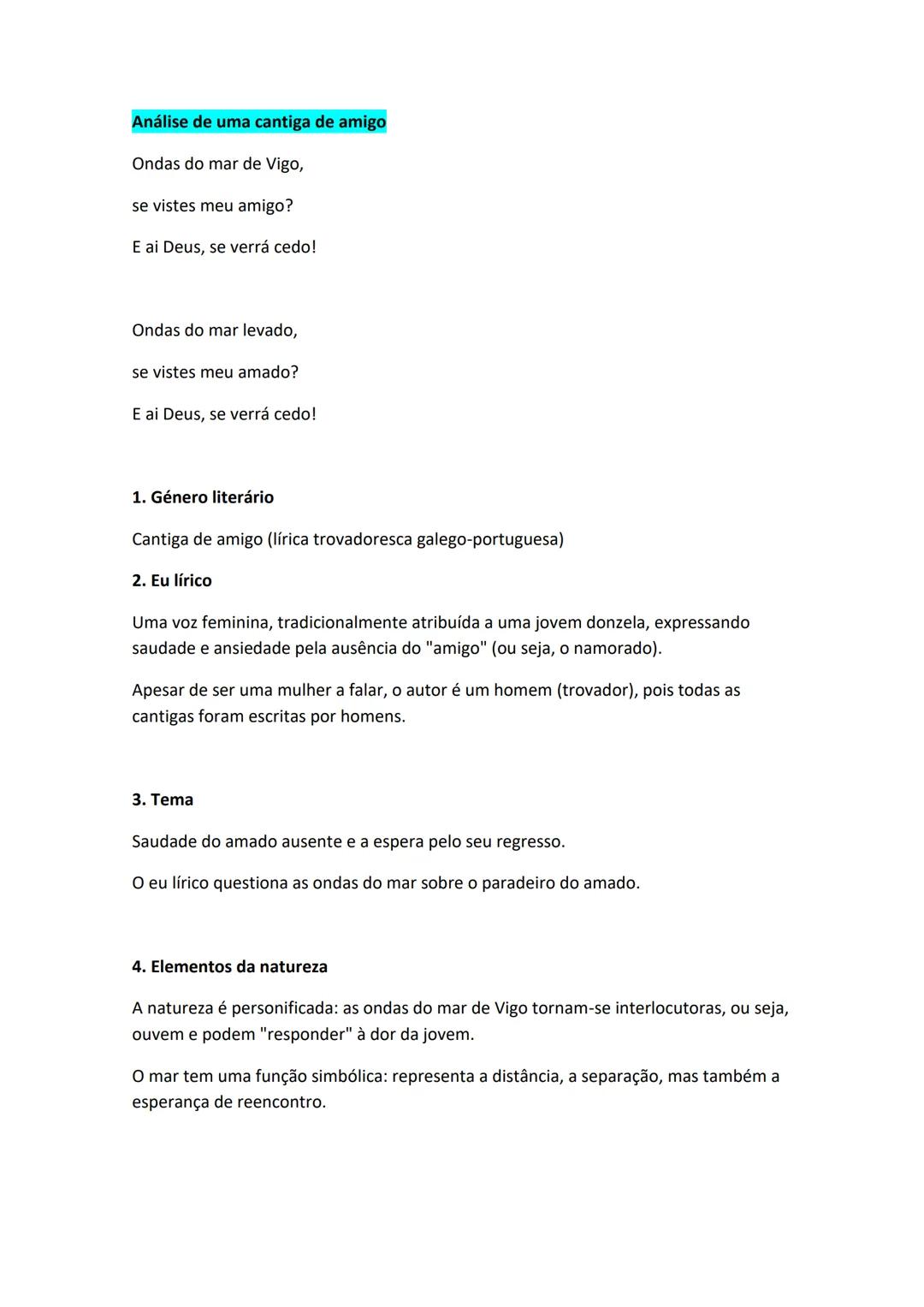 # Resumo Completo da Poesia Trovadoresca
Galego-Portuguesa
1. Cantigas de Amor
**Características principais:**
Eu lírico - Homem (geralme