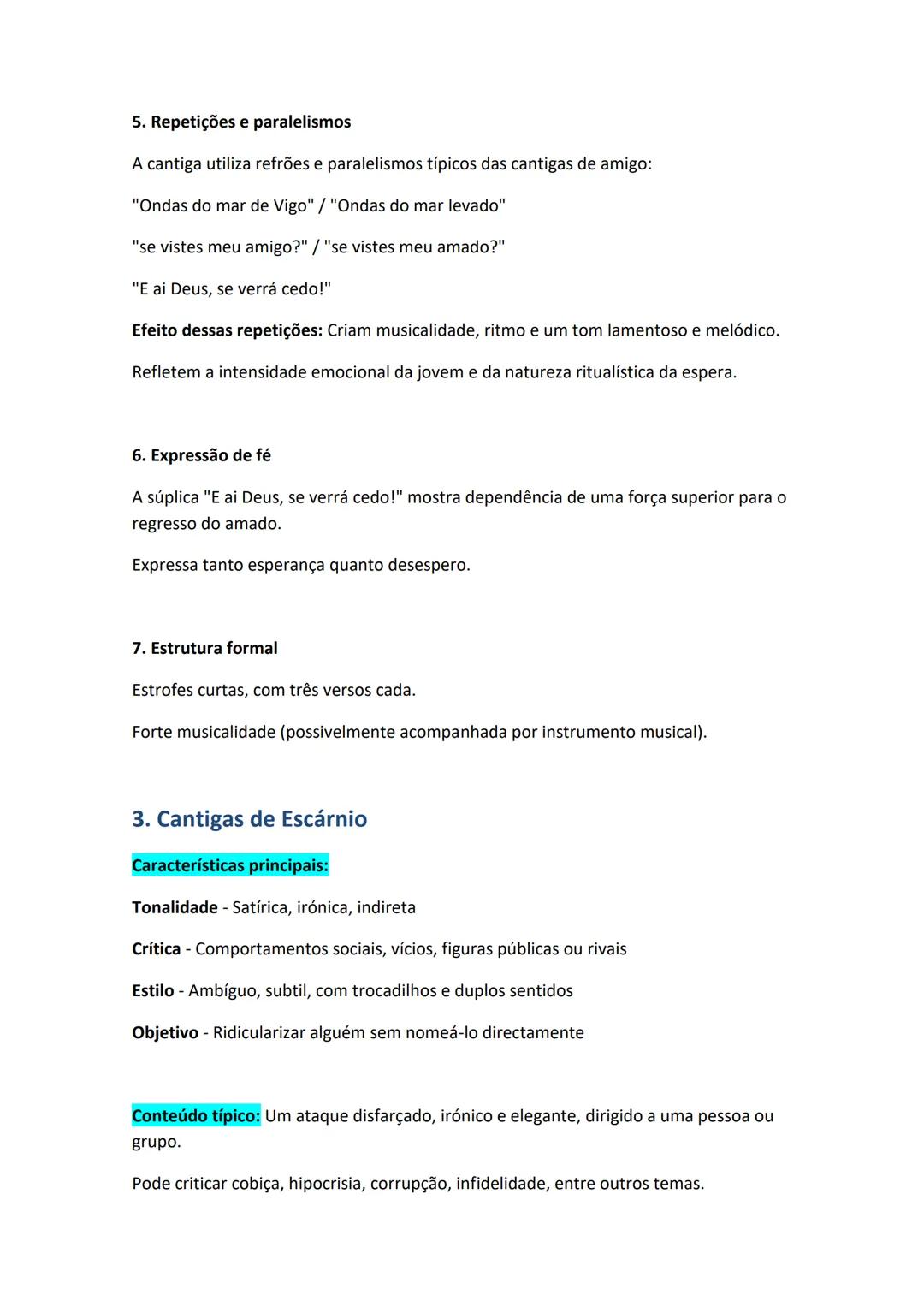 # Resumo Completo da Poesia Trovadoresca
Galego-Portuguesa
1. Cantigas de Amor
**Características principais:**
Eu lírico - Homem (geralme