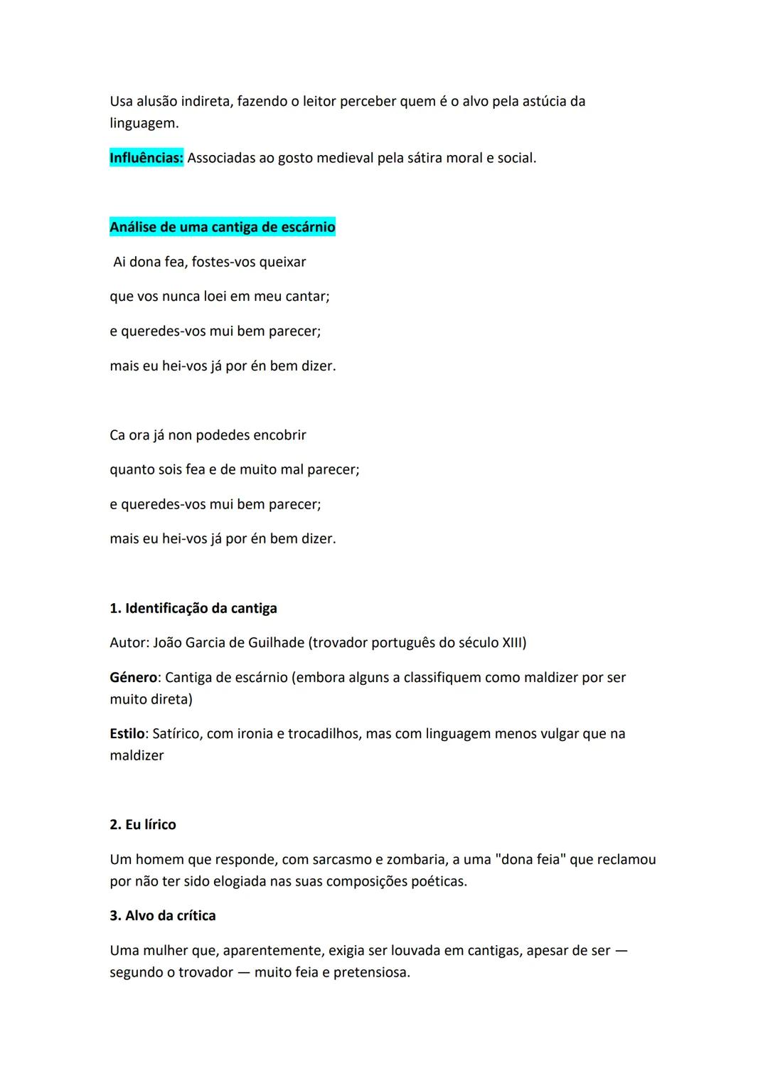 # Resumo Completo da Poesia Trovadoresca
Galego-Portuguesa
1. Cantigas de Amor
**Características principais:**
Eu lírico - Homem (geralme