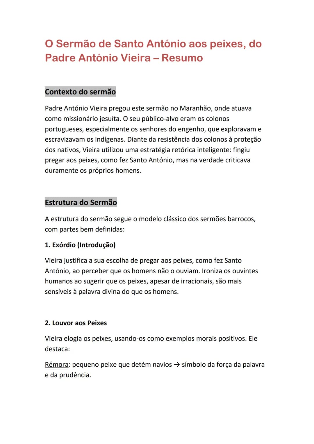 # O Sermão de Santo António aos peixes, do
Padre António Vieira - Resumo
## Contexto do sermão
Padre António Vieira pregou este sermão no