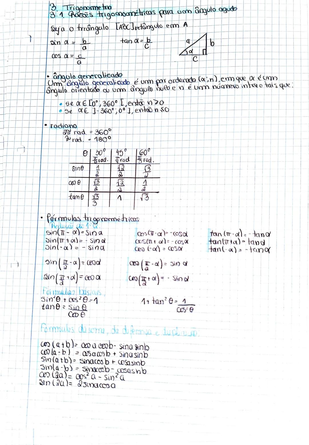 3. Trigonometria
3.1. Razões trigonométricas para um ângulo agudo
Seja o triângulo \(ABC\) retângulo em A
sin \(\alpha\) = \(\frac{b}{c}\)
t