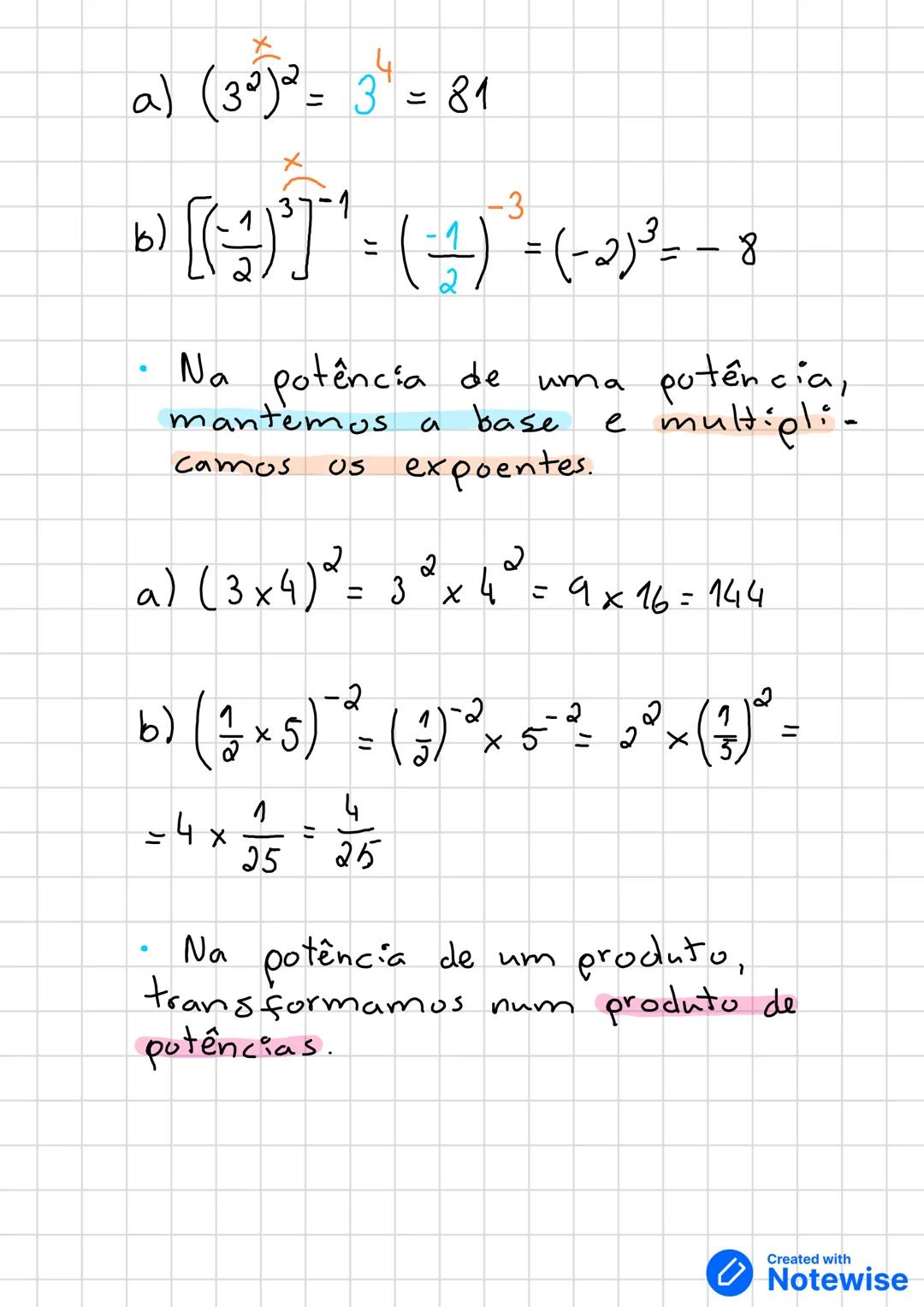 Potências de
expoente inteiro
Exemplos:
expoente
a) (-2)<sup>3</sup> = (-2)x(-2)x(-2) = - 8
↓
base
Nota:
-- = +
++ = +
-+ = -
+- = -
b) (-5)