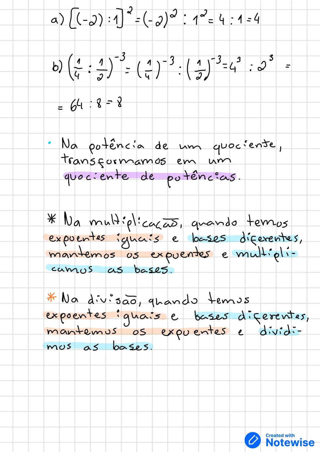 Potências de
expoente inteiro
Exemplos:
expoente
a) (-2)<sup>3</sup> = (-2)x(-2)x(-2) = - 8
↓
base
Nota:
-- = +
++ = +
-+ = -
+- = -
b) (-5)