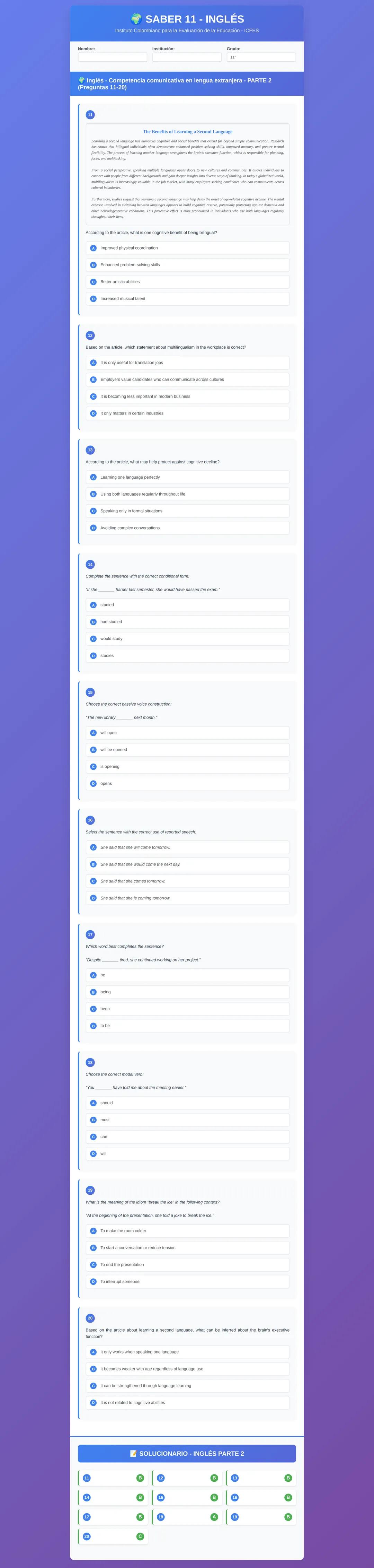 # SABER 11 - INGLÉS
**Inglés - Comprensión comunicativa en lengua extranjera - PARTE 2
Programa 13.075**
1. **The benefits of learning a s