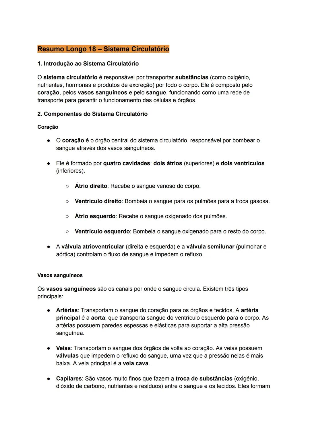 Resumo Longo 18 - Sistema Circulatório
1. Introdução ao Sistema Circulatório
O sistema circulatório é responsável por transportar substância