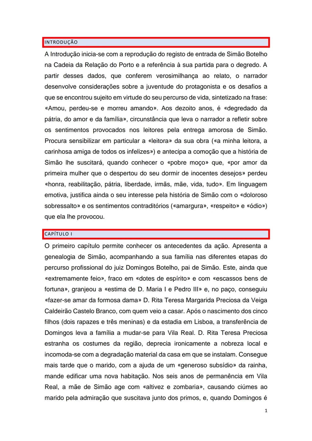 # AMOR DE PERDIÇÃO
Síntese dos Capítulos INTRODUÇÃO
A Introdução inicia-se com a reprodução do registo de entrada de Simão Botelho
na Cadei