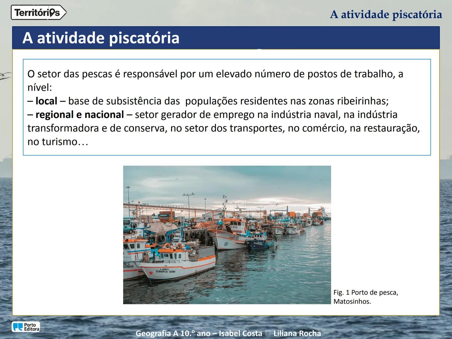 A atividade piscatória
Porto
Editora
Geografia A 10.º ano - Isabel Costa Liliana Rocha
Territórios Territórios
Enquadramento temático
4