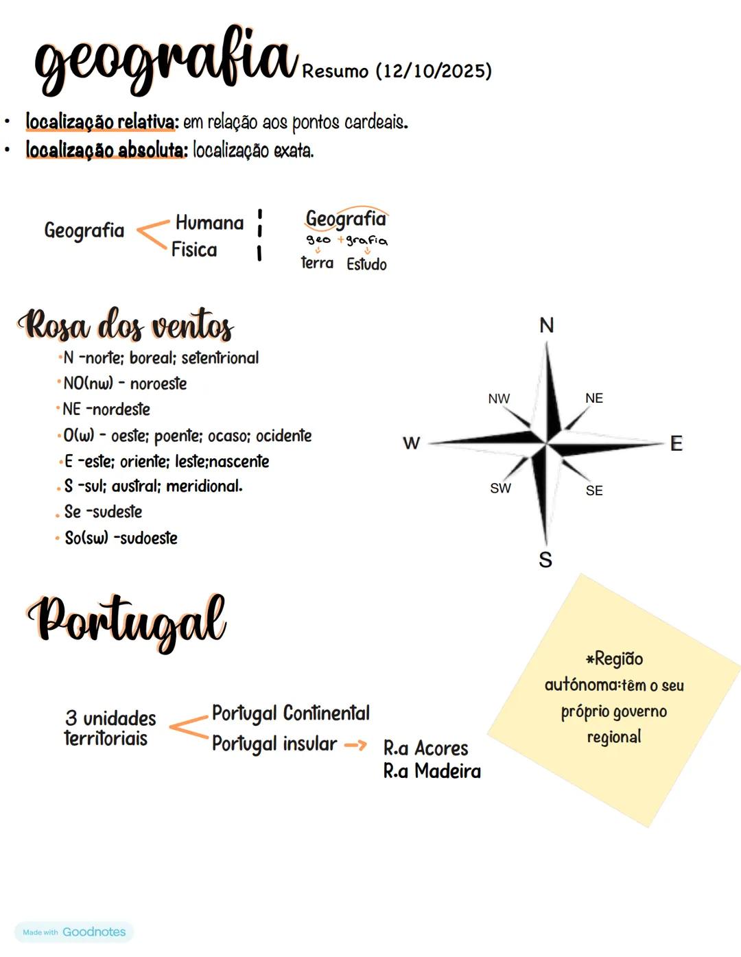# geografia Resumo (12/10/2025)
* localização relativa: em relação aos pontos cardeais.
* localização absoluta: localização exata.
Geo