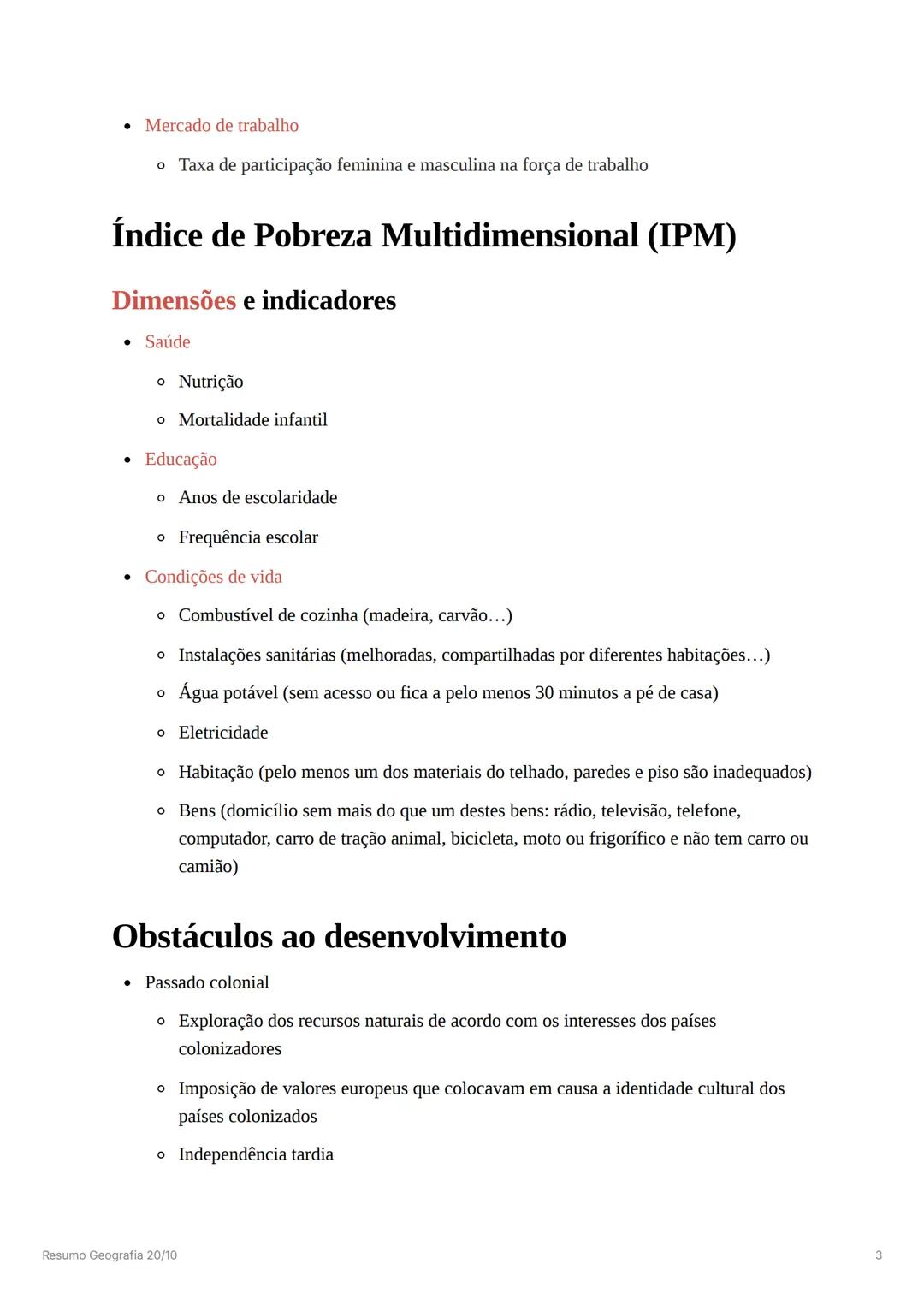 # Resumo Geografia 20/10
## Classificação dos países
* Países desenvolvidos
* Países com elevada riqueza, que se traduz num rendi