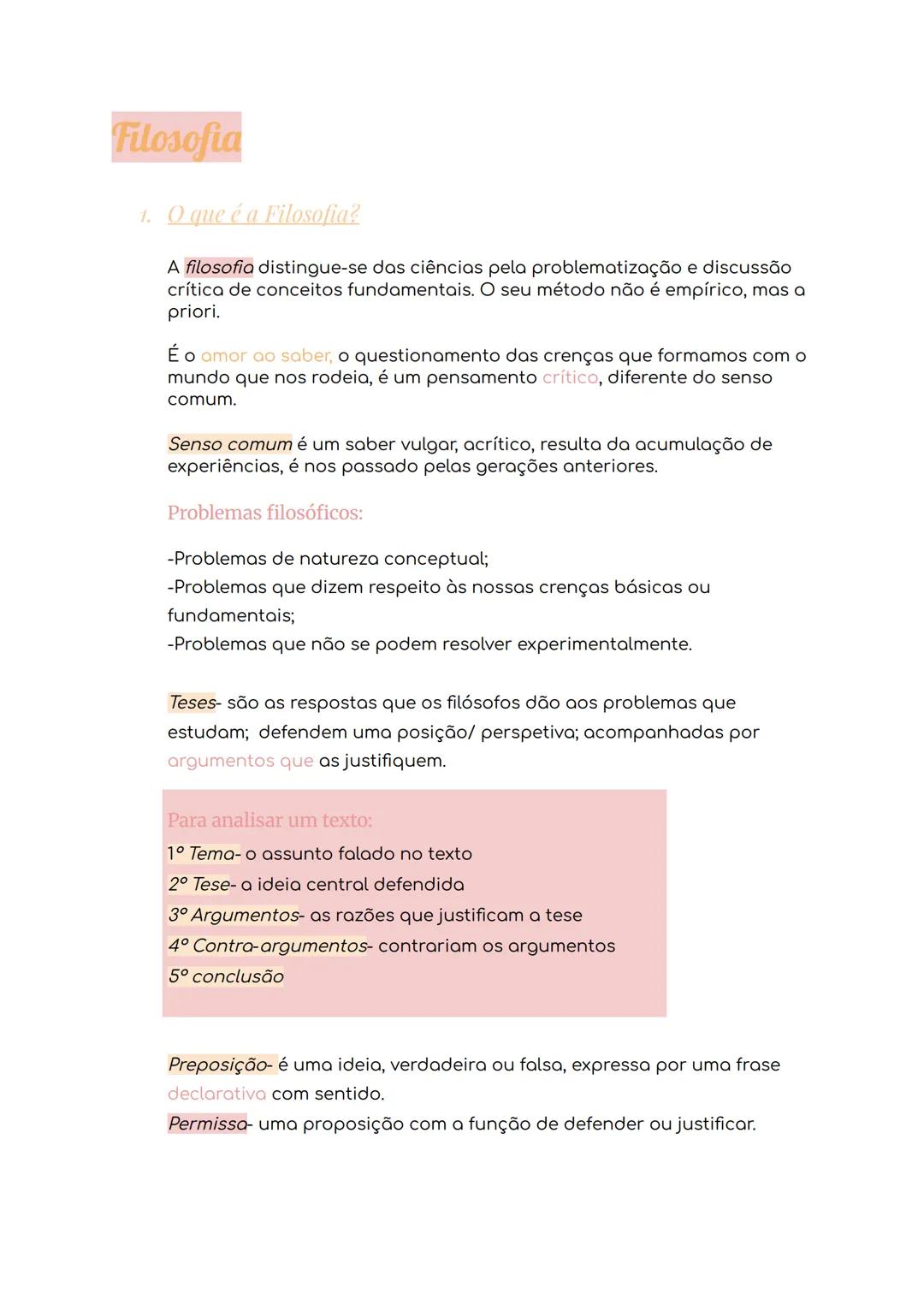 # Filosofia
1. O que é a Filosofia?
A filosofia distingue-se das ciências pela problematização e discussão
crítica de conceitos fundamenta