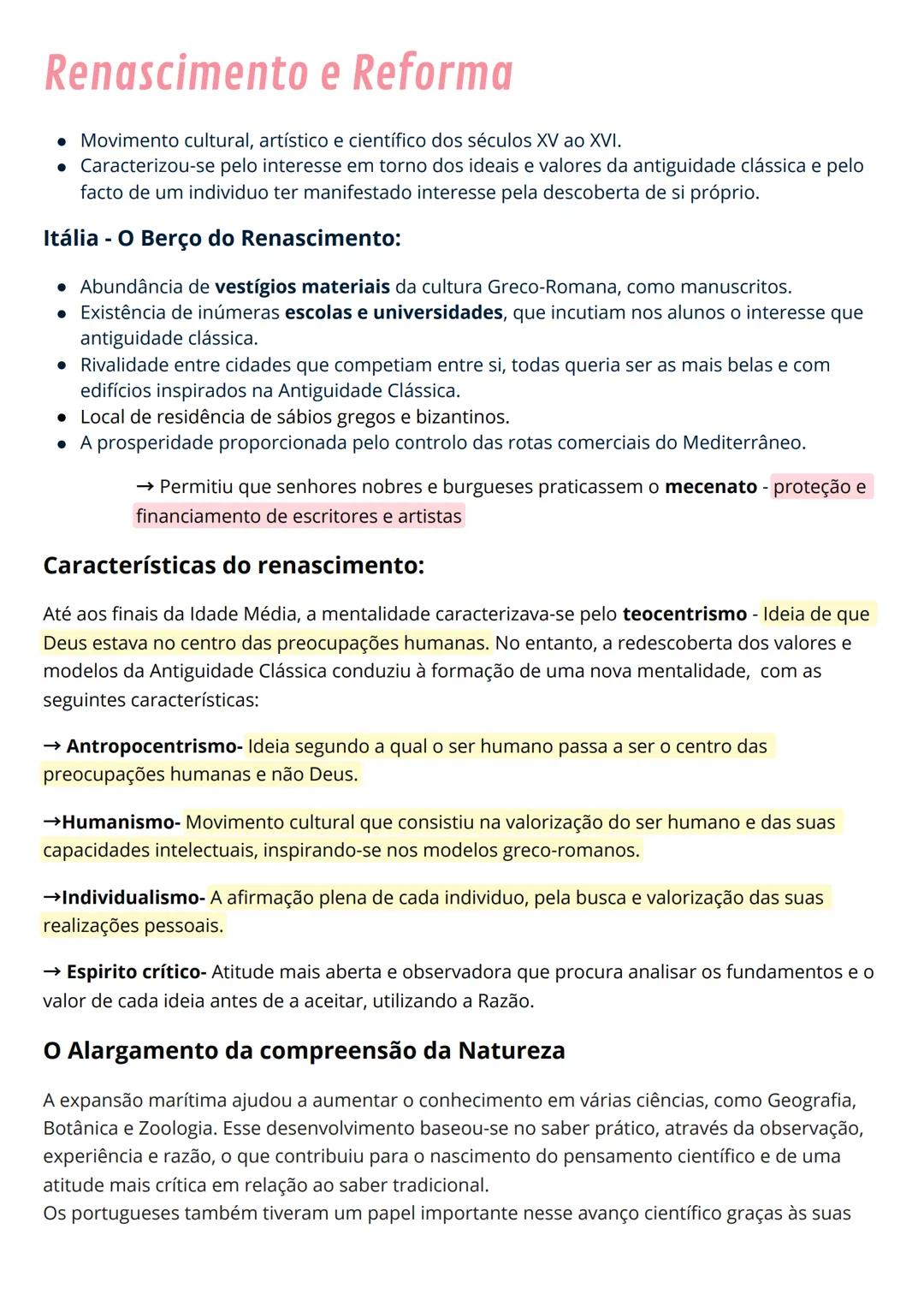 # Renascimento e Reforma
• Movimento cultural, artístico e científico dos séculos XV ao XVI.
• Caracterizou-se pelo interesse em torno dos