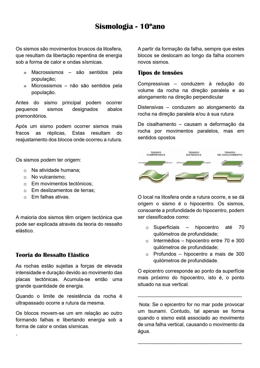 # Sismologia - 10°ano
Os sismos são movimentos bruscos da litosfera,
que resultam da libertação repentina de energia
sob a forma de calor e