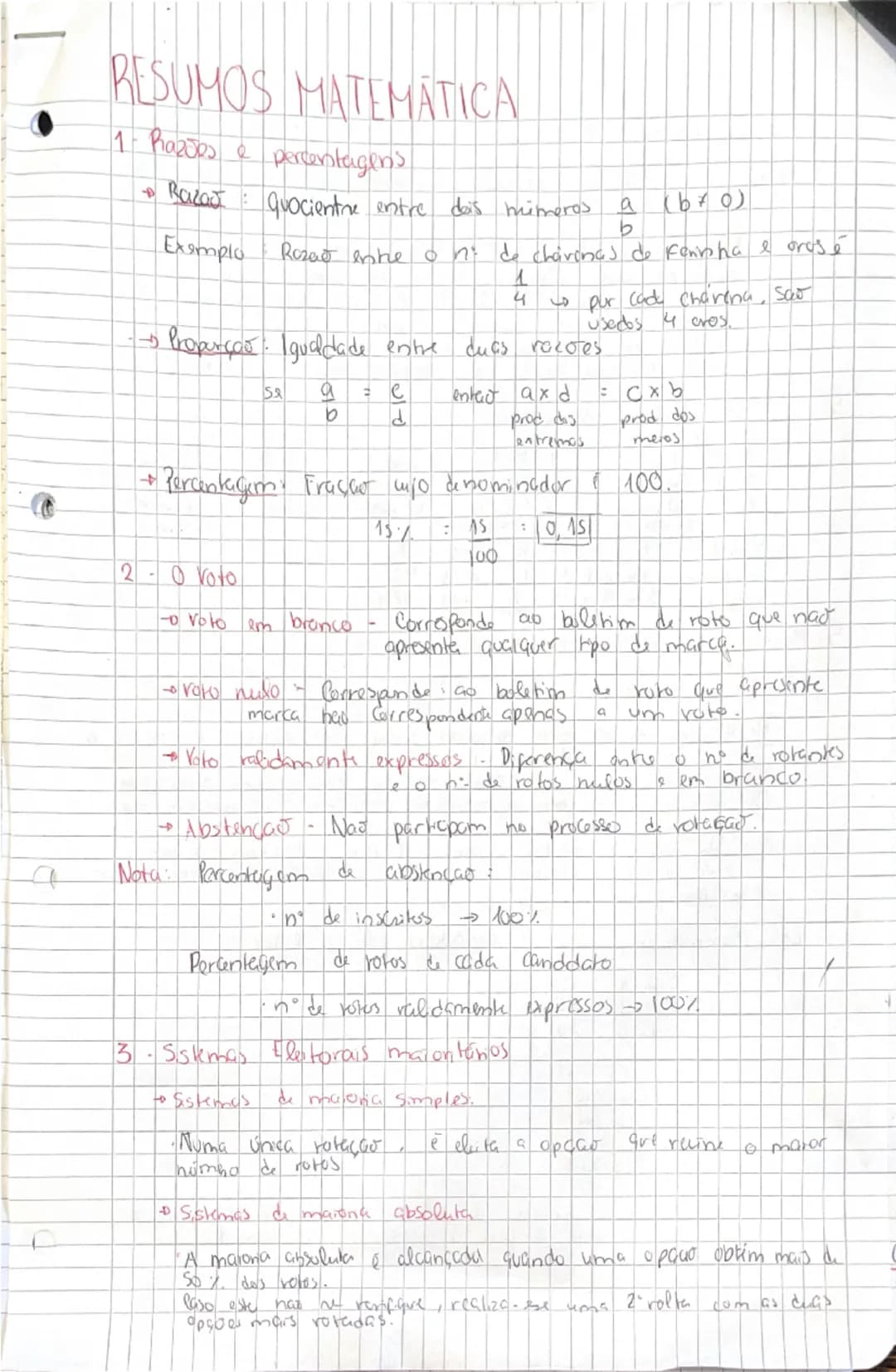 # RESUMOS MATEMÁTICA
## 1- Razões e percentagens
* **Razão**: Quociente entre dois números $a$ ($b \neq 0$)
$b$
* Exemplo: Razão e
