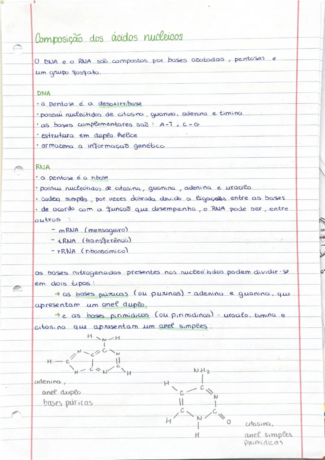 # Composição dos ácidos nucleicos
O DNA e o RNA são compostos por bases azotadas, pentoses e um grupo fosfato.
## DNA
* a pentose é a desox