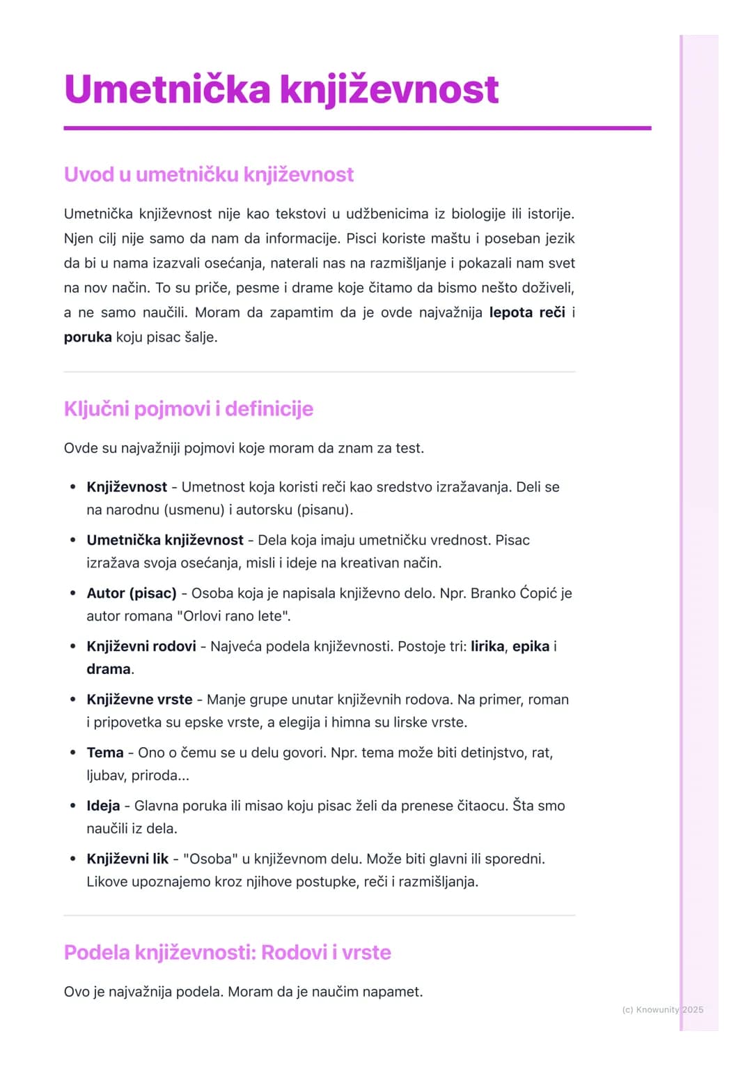# Umetnička književnost
Uvod u umetničku književnost
Umetnička književnost nije kao tekstovi u udžbenicima iz biologije ili istorije.
Njen