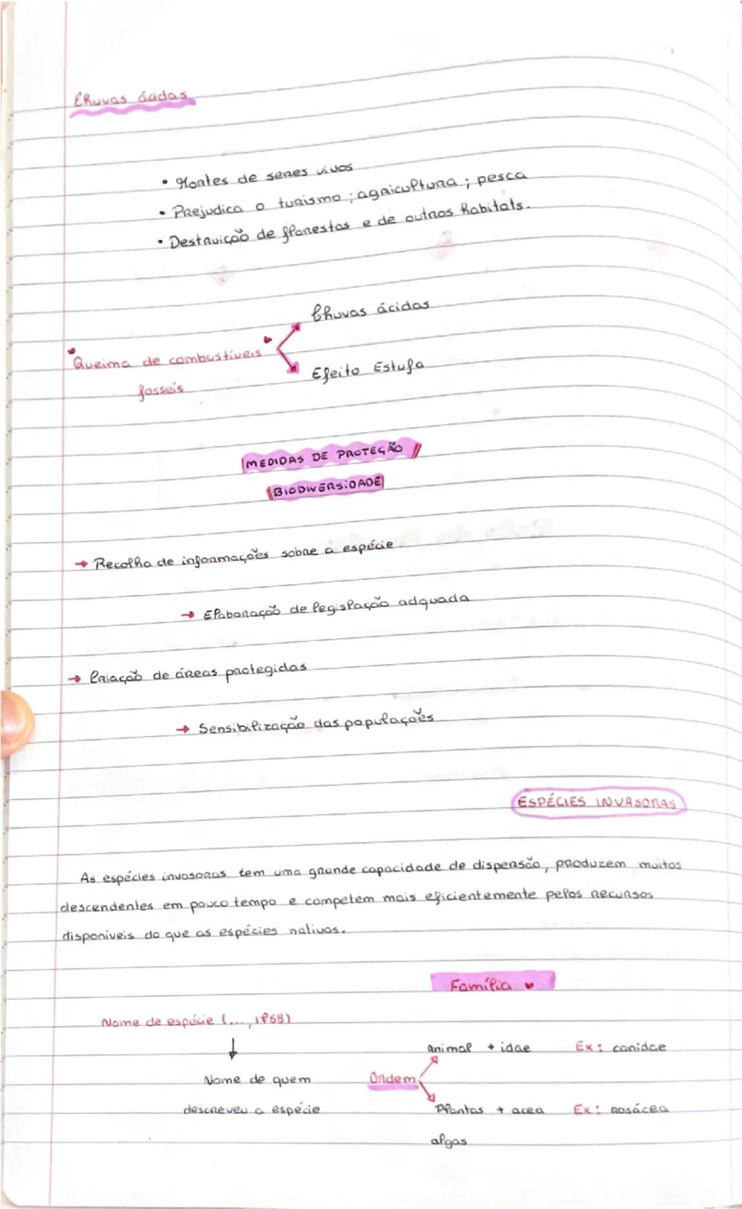 Chuvas ácidas, medidas de proteção da biodiversidade, espécies invasoras e nomes das famílias