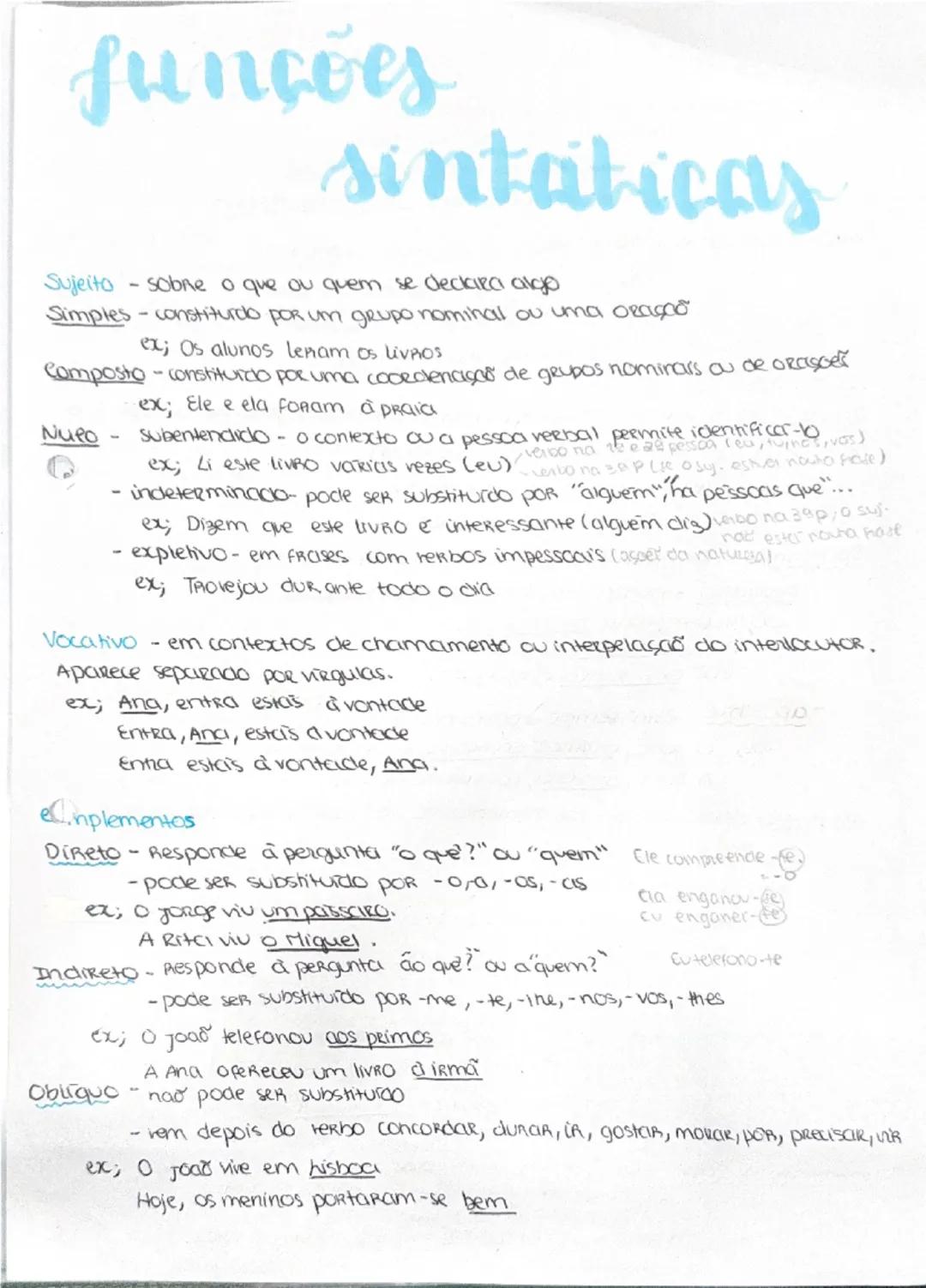 funções
sintáticas
Sujeito - sobre o que ou quem se declara algo
Simples - constituído por um grupo nominal ou uma oração
ex; Os alunos lêem