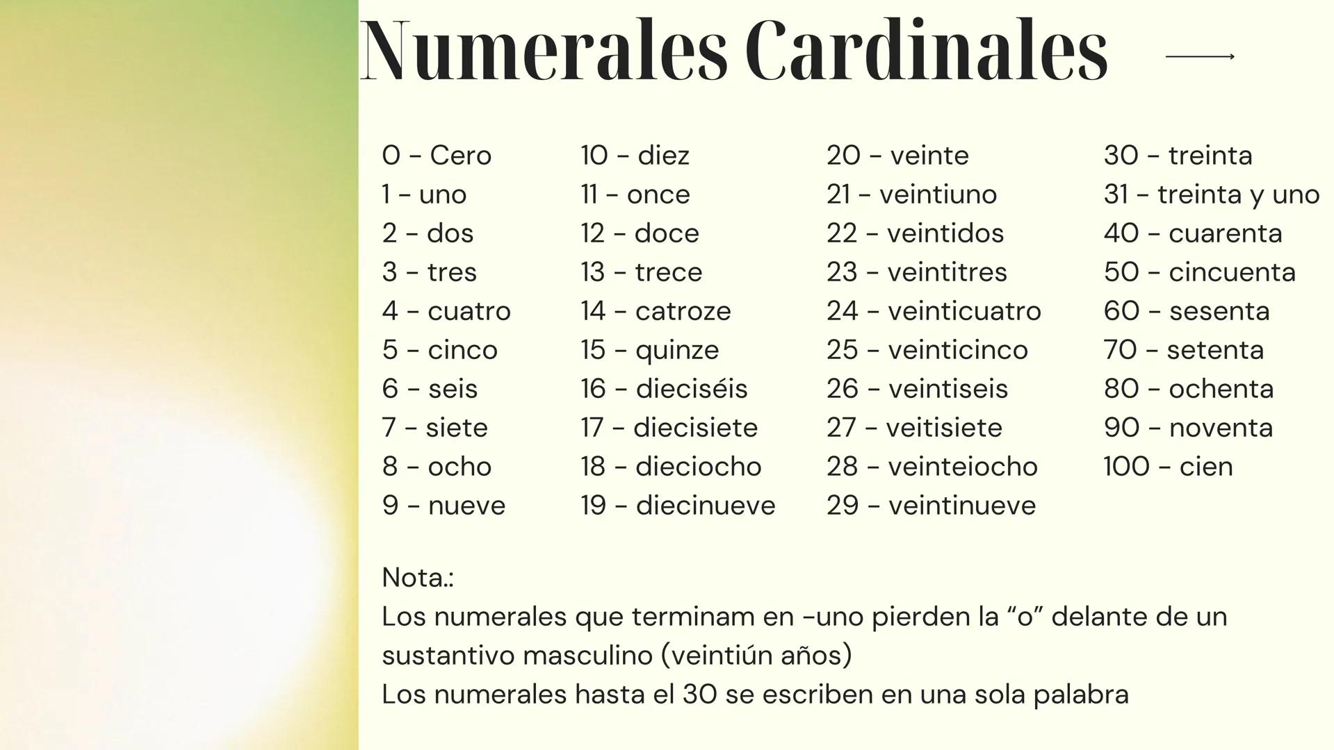 # Español
PREPARACIÓN PARA EL EXAMEN
10º Y 11º AÑO 10º año → Numerales Cardinales
O - Cero
10 - diez
20 - veinte
30 - treinta
1 - uno
11 -