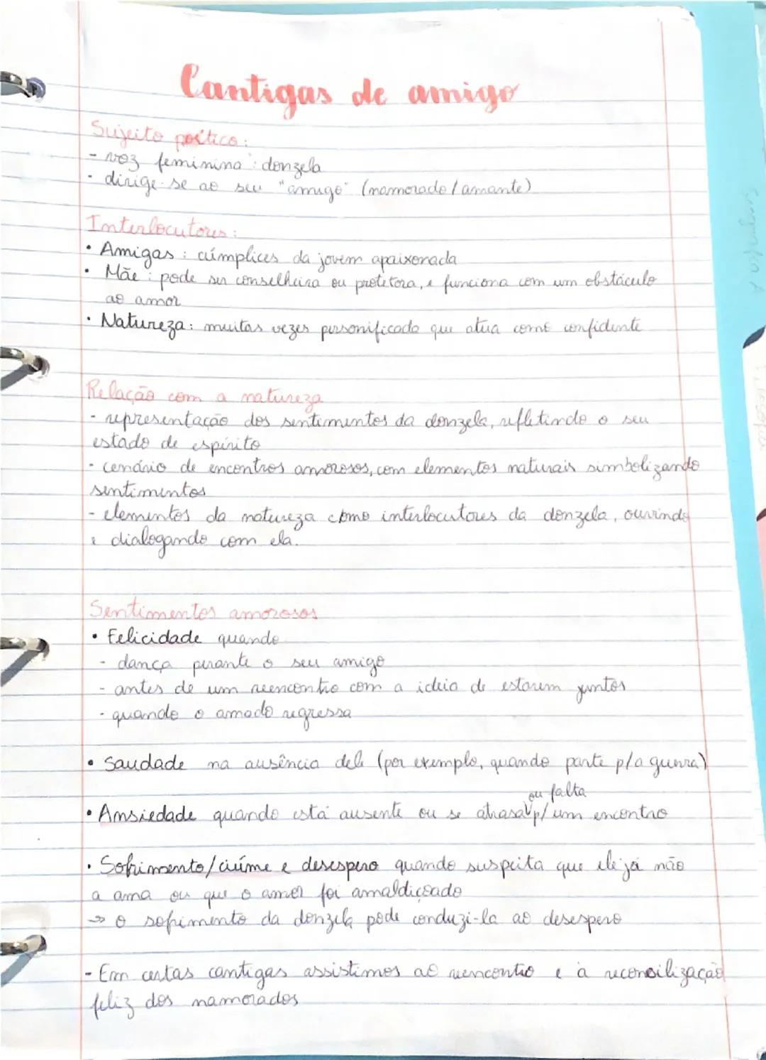 # Cantigas de amigo
## Sujeito poético:
- voz feminina: donzela
- dirige-se ao seu "amigo" (nomeado/amante)
## Interlocutores:
- Amigas: c