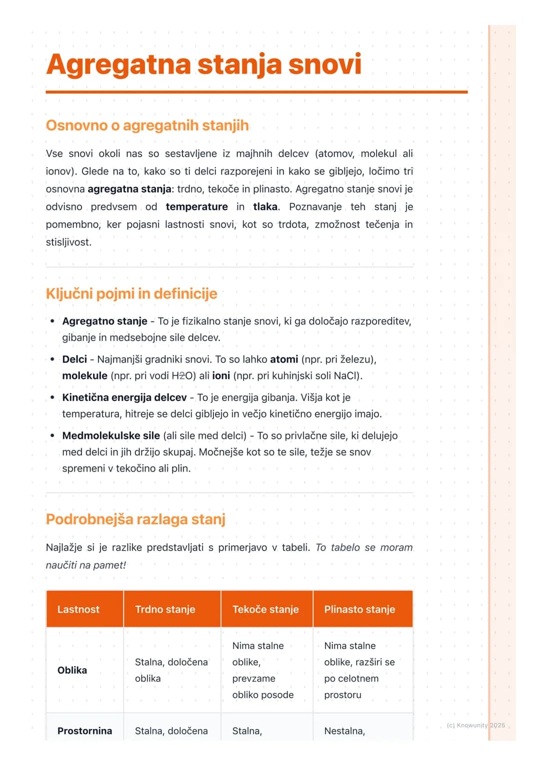 # Agregatna stanja snovi
Osnovno o agregatnih stanjih
Vse snovi okoli nas so sestavljene iz majhnih delcev (atomov, molekul ali
ionov). Gl