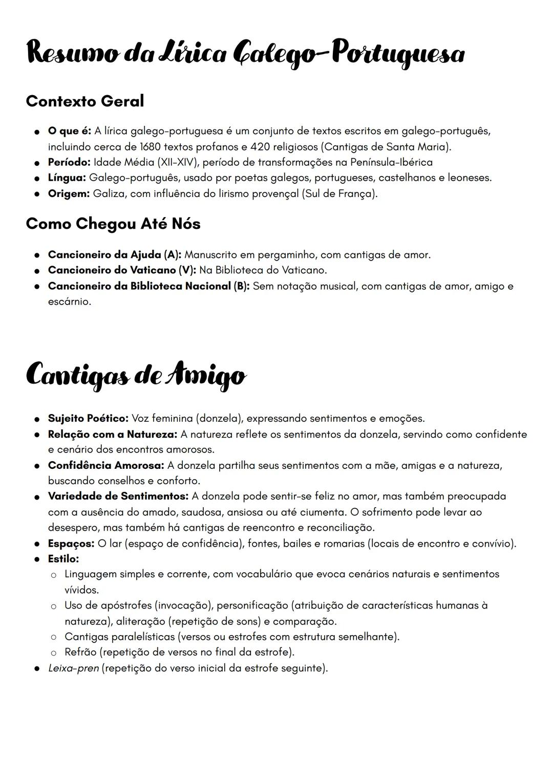 # Resumo da Lírica Calego-Portuguesa
Contexto Geral
* O que é: A lírica galego-portuguesa é um conjunto de textos escritos em galego-por