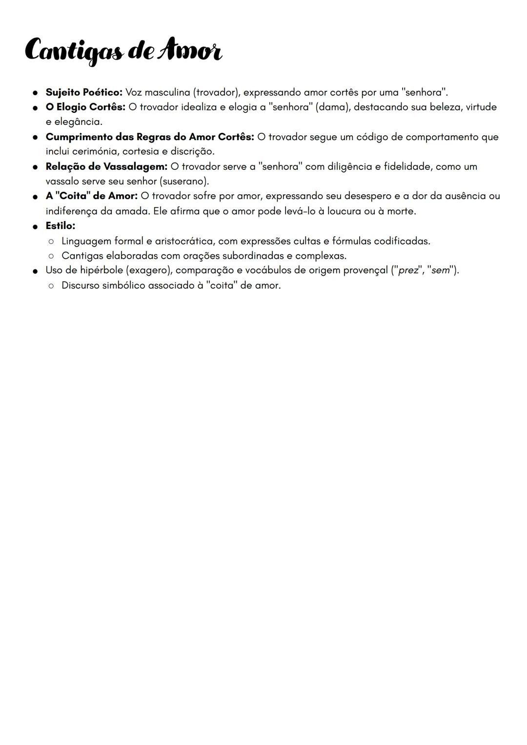 # Resumo da Lírica Calego-Portuguesa
Contexto Geral
* O que é: A lírica galego-portuguesa é um conjunto de textos escritos em galego-por