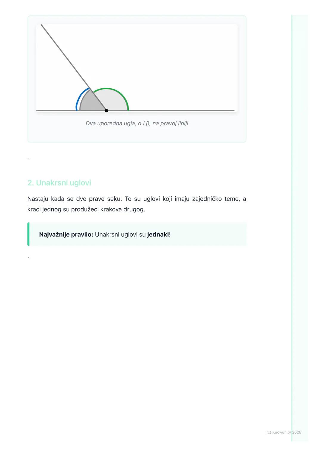 # Ugao
Uvod u uglove
Ugao je deo ravni ograničen sa dve poluprave koje imaju zajedničku početnu
tačku. Te poluprave se zovu kraci ugla, a