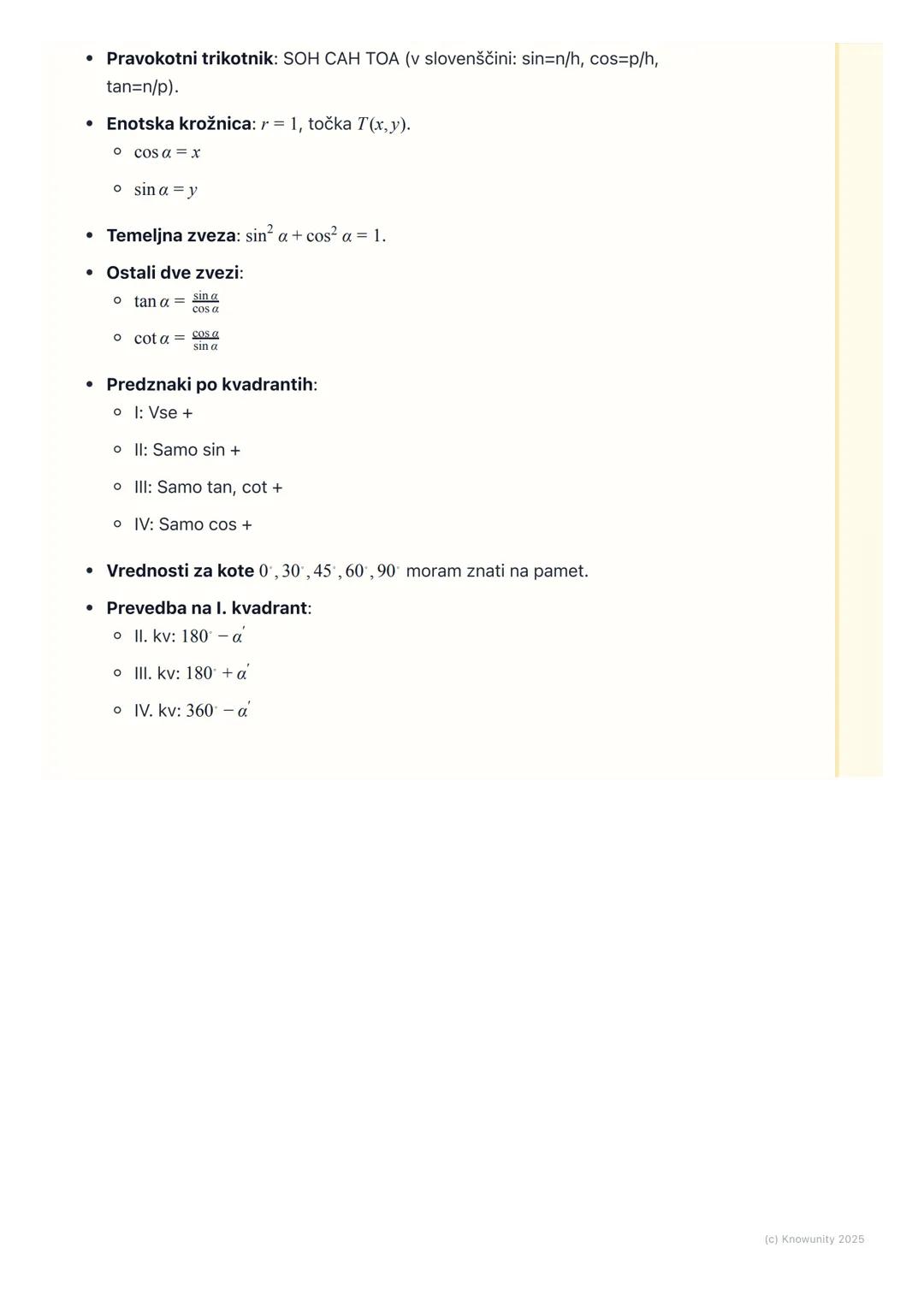 # Kotne funkcije v pravokotnem
trikotniku in na enotski
krožnici
Ponovitev kotnih funkcij v pravokotnem trikotniku
To je osnova, ki jo mor