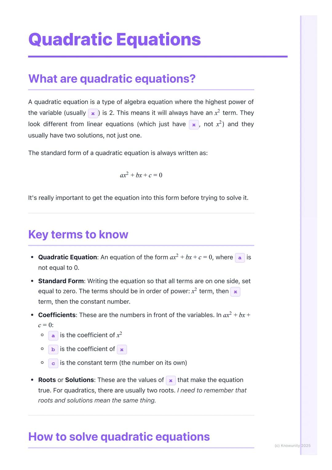 # Quadratic Equations
## What are quadratic equations?
A quadratic equation is a type of algebra equation where the highest power of
the v