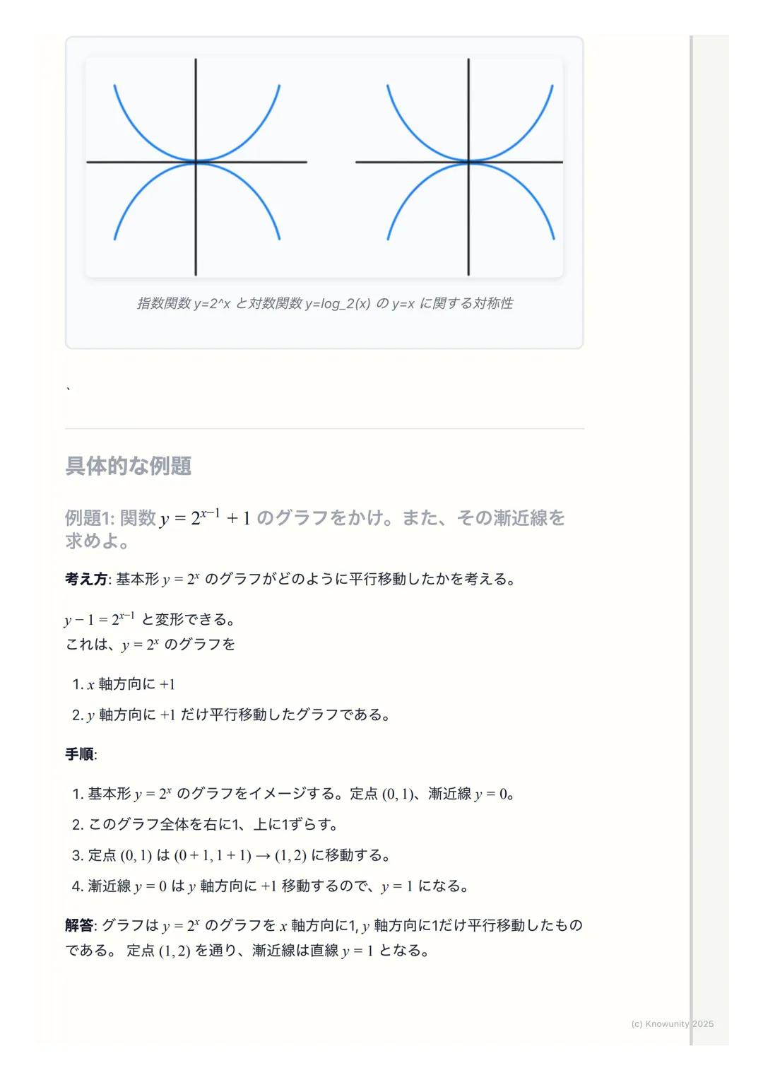 # 指数関数・対数関数のグラフ
指数関数・対数関数のグラフの概要
指数関数$y=a^x$と対数関数$y=log_a x$ は互いに逆関数の関係にある。これはグラ
フで考えると、直線$y=x$に関して対称になるということ。この関係性を理解す
ることが一番大事。グラフの形は底$a