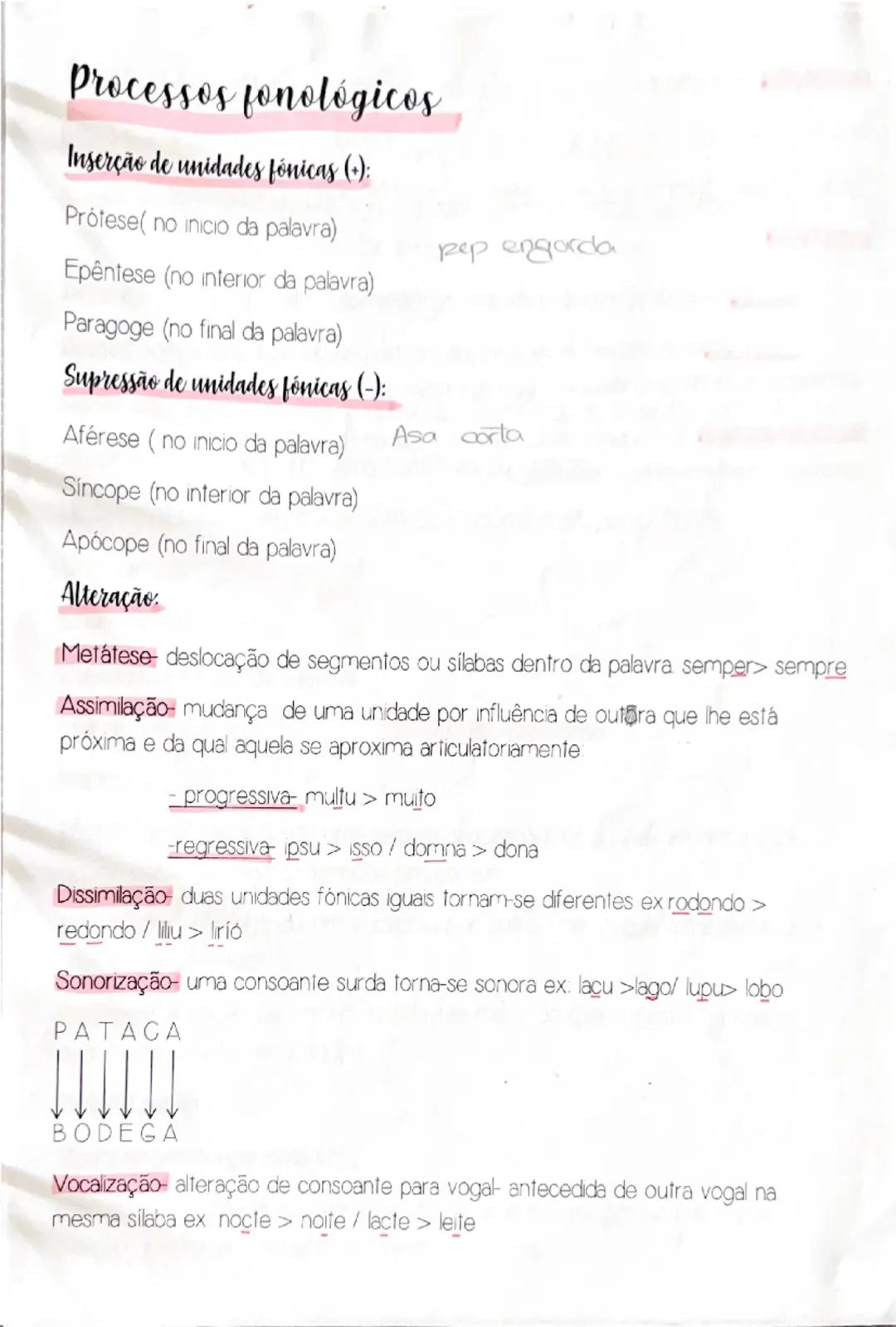 # Processos fonológicos
Inserção de unidades fónicas (+):
- Prótese (no inicio da palavra)
- Epêntese (no interior da palavra)
- Paragoge