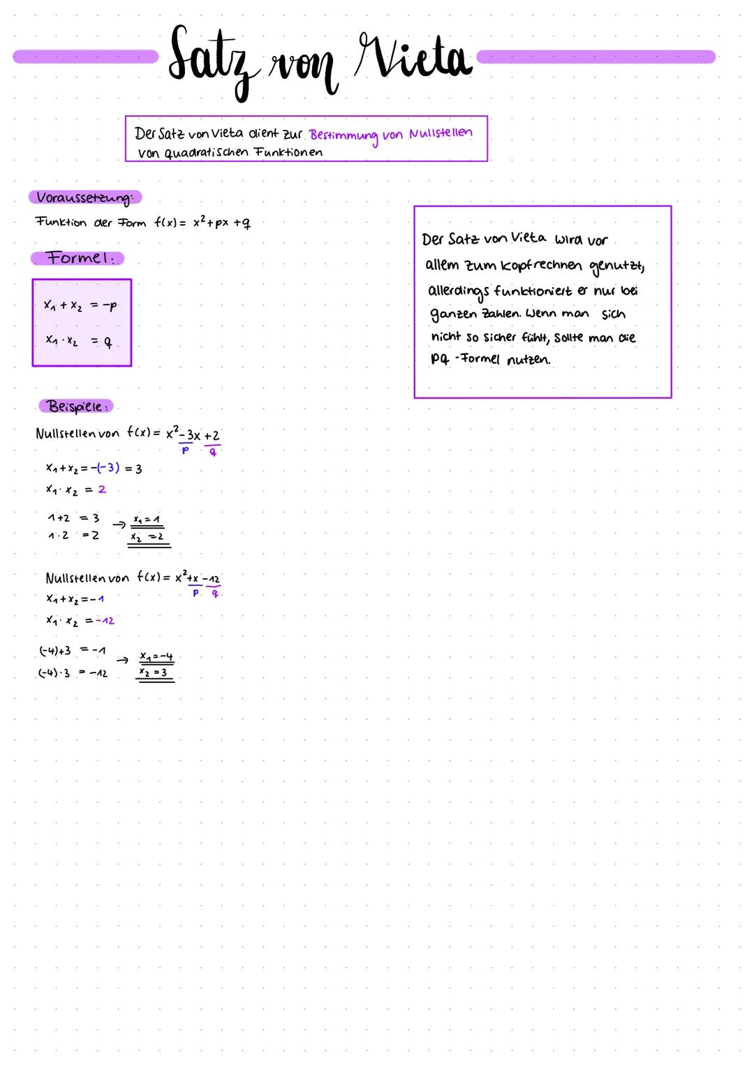 # Satz von Vieta
Der Satz von Vieta dient zur Bestimmung von Nullstellen
von quadratischen Funktionen
Voraussetzung:
Funktion der Form f(x