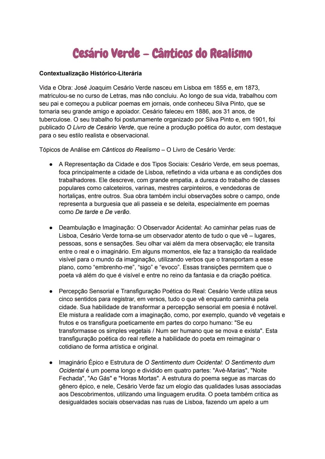 # Cesário Verde - Cânticos do Realismo
## Contextualização Histórico-Literária
Vida e Obra: José Joaquim Cesário Verde nasceu em Lisboa em
