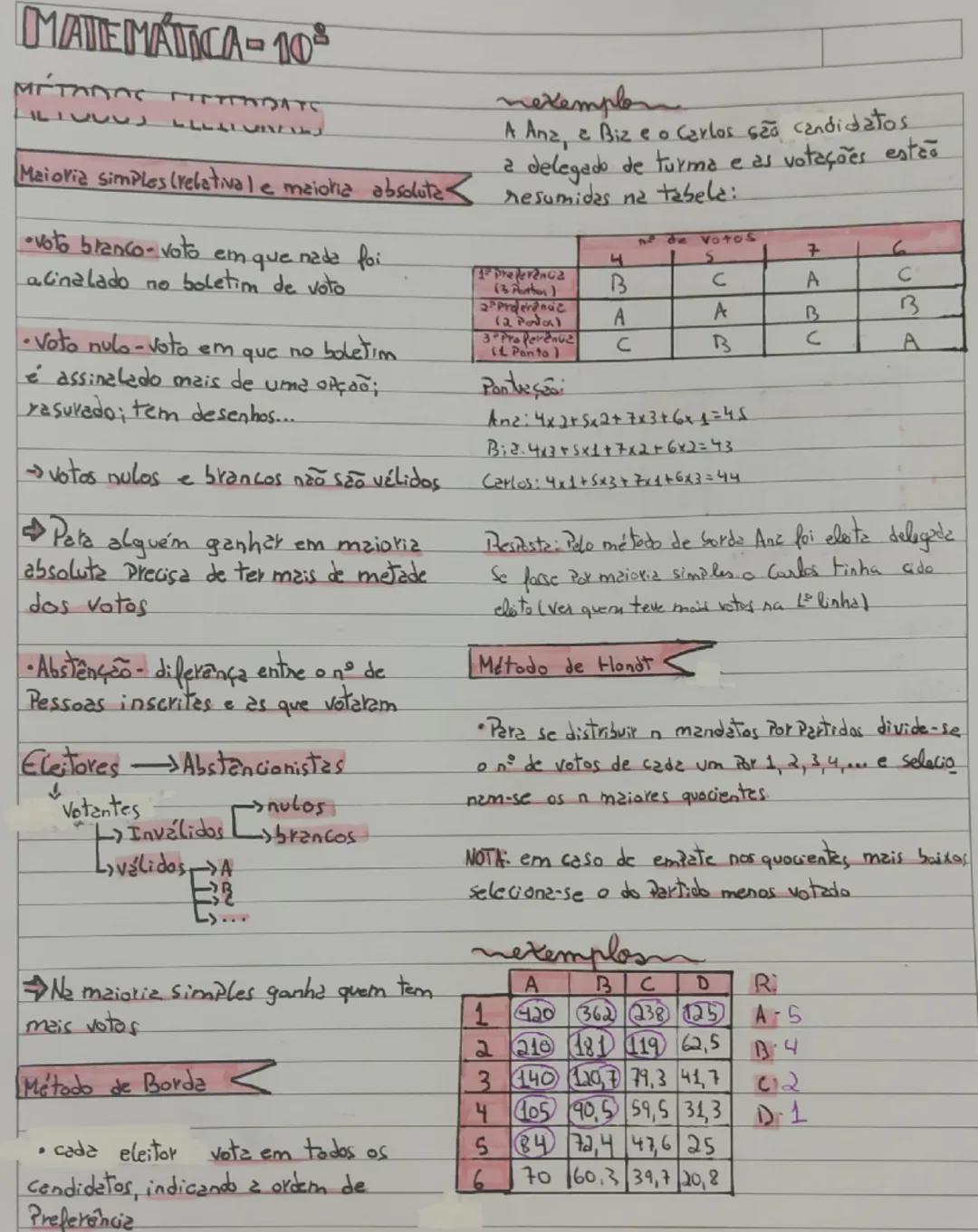 MATEMÁTICA-10
METODOS ELEITORAIS
Maioria simples (relativa) e maioria absoluta
•voto branco-voto em que nada foi
acinalado no boletim de vot