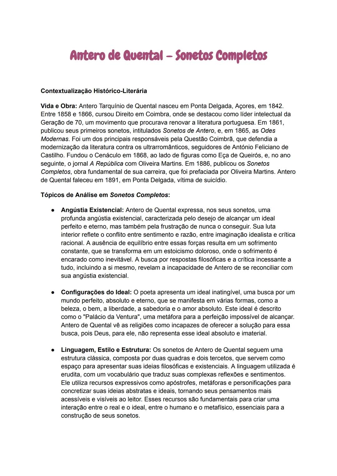 Antero de Quental - Sonetos Completos
Contextualização Histórico-Literária
Vida e Obra: Antero Tarquínio de Quental nasceu em Ponta Delgada,