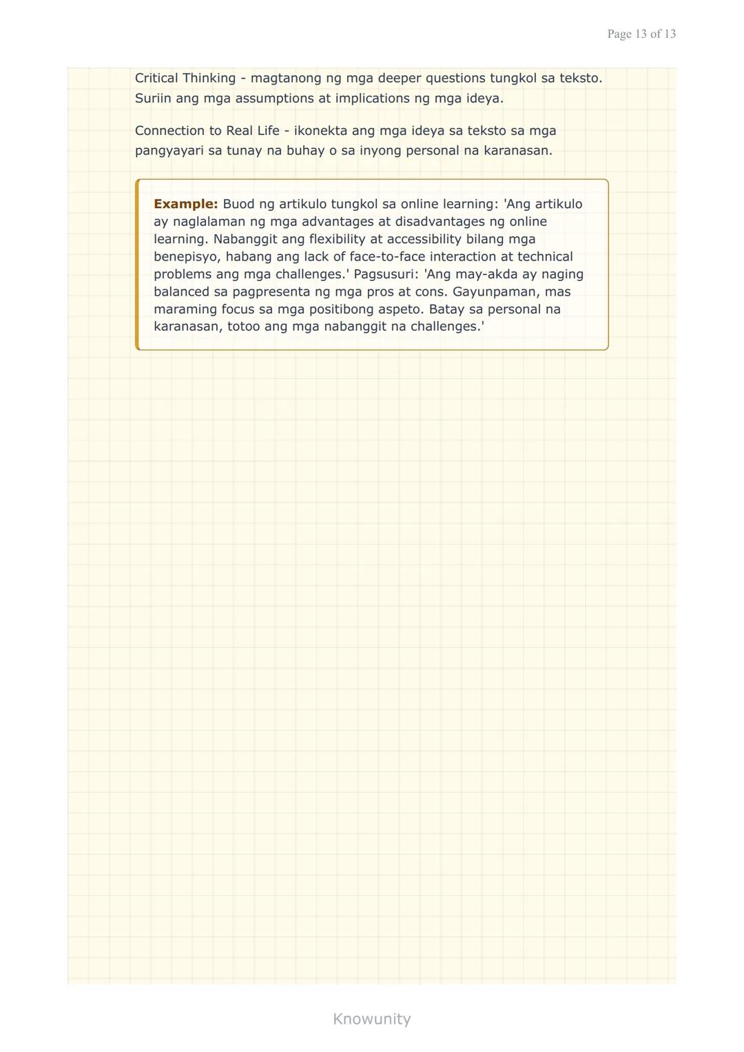 --- OCR Start ---
Pag-unawa at Pagsusuri ng Iba't Ibang Teksto
Pagkilala ng mahahalagang impormasyon at detalye
sa iba't ibang uri ng teksto