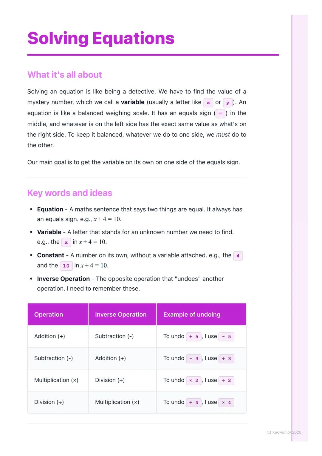 # Solving Equations
## What it's all about
Solving an equation is like being a detective. We have to find the value of a
mystery number, w
