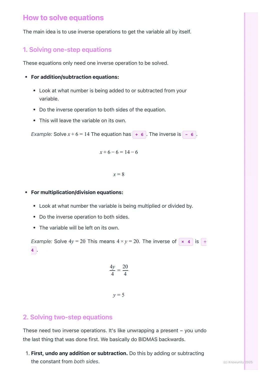 # Solving Equations
## What it's all about
Solving an equation is like being a detective. We have to find the value of a
mystery number, w