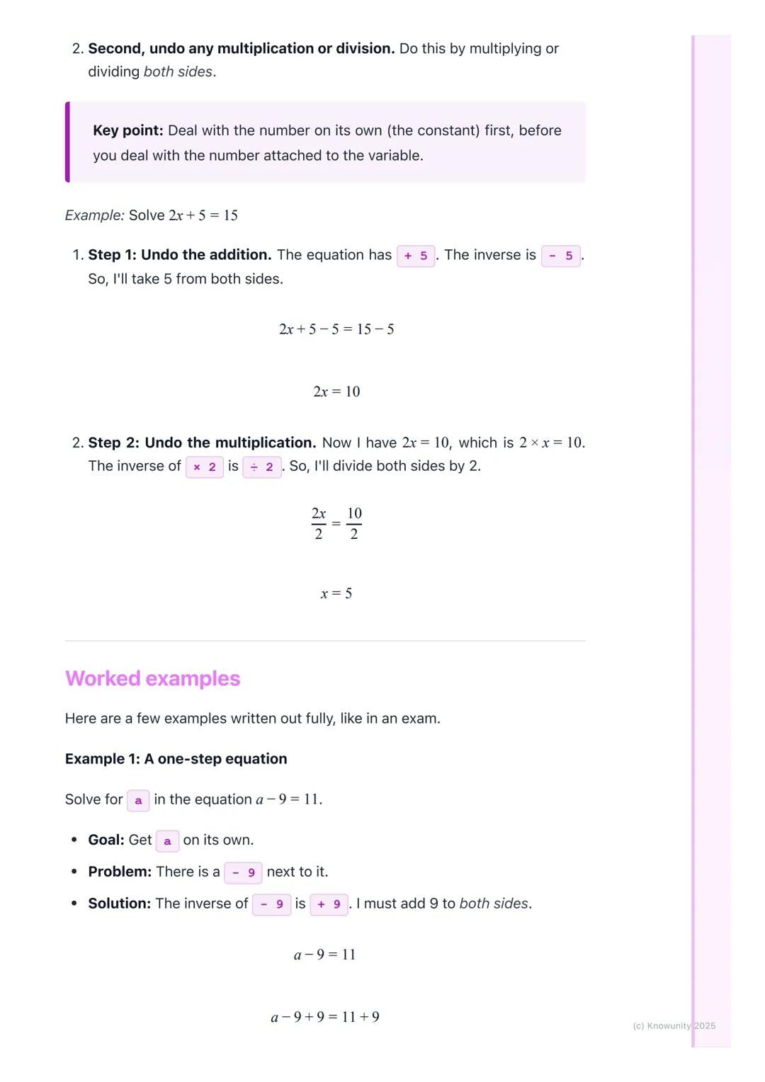 # Solving Equations
## What it's all about
Solving an equation is like being a detective. We have to find the value of a
mystery number, w