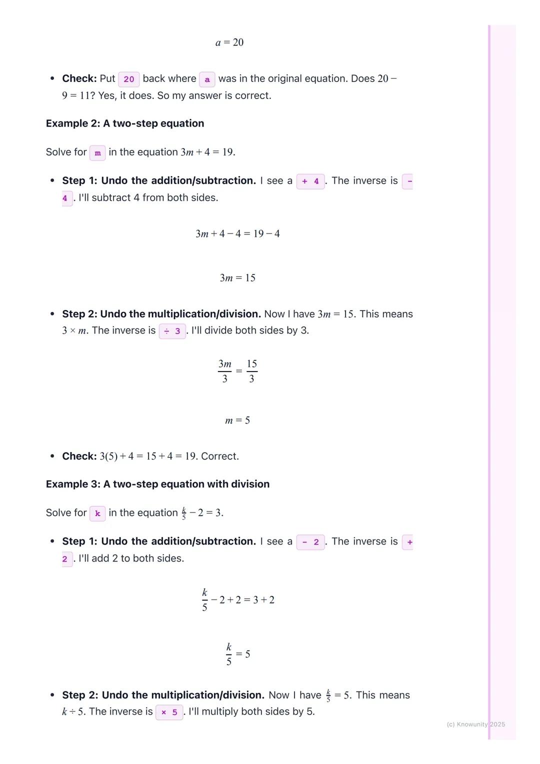 # Solving Equations
## What it's all about
Solving an equation is like being a detective. We have to find the value of a
mystery number, w