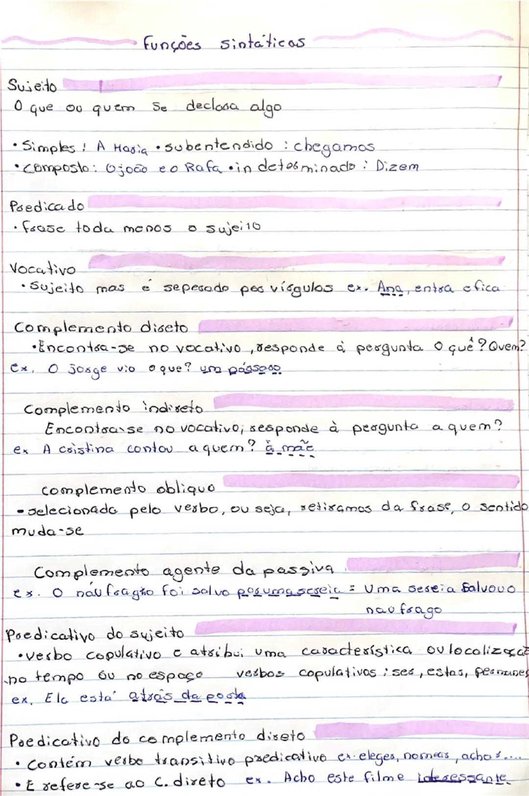 --- OCR Start ---
Funções sintáticos.
Sujeito
O que ou quem. Se declasa algo
• Simples: A Haria • Subentendido: chegamos.
•Composto: Ojoão e