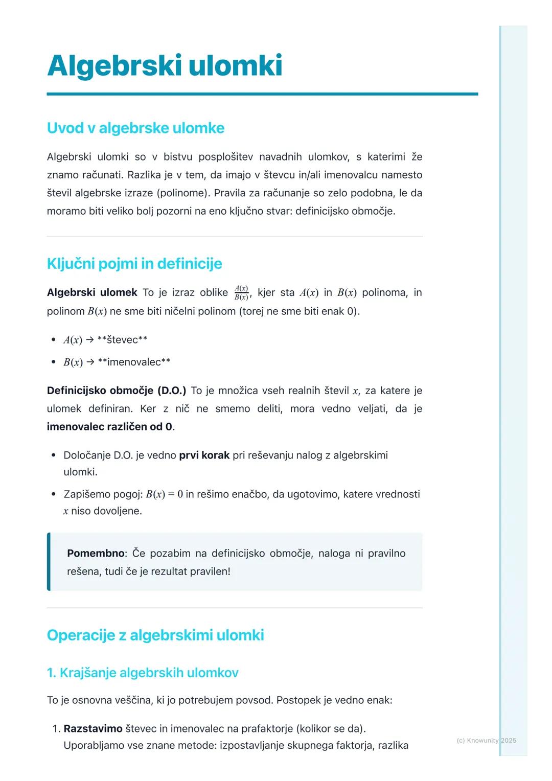 # Algebrski ulomki
Uvod v algebrske ulomke
Algebrski ulomki so v bistvu posplošitev navadnih ulomkov, s katerimi že
znamo računati. Razlik