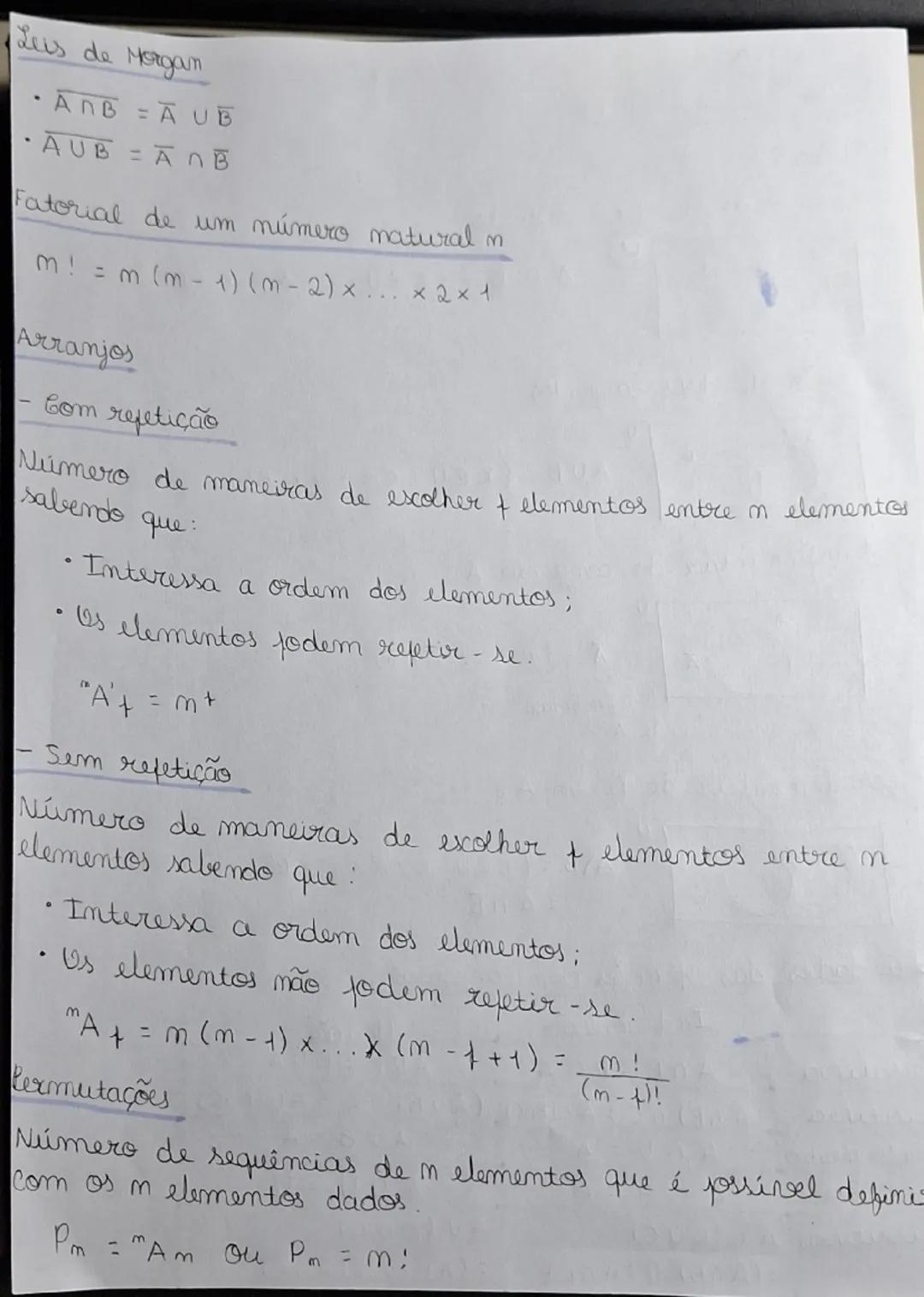--- OCR Start ---
Leis de Morgan
$\overline{A\cap B}=\overline{A}\cup\overline{B}$
$\overline{AUB}=\overline{A}\cap\overline{B}$
Fatorial de