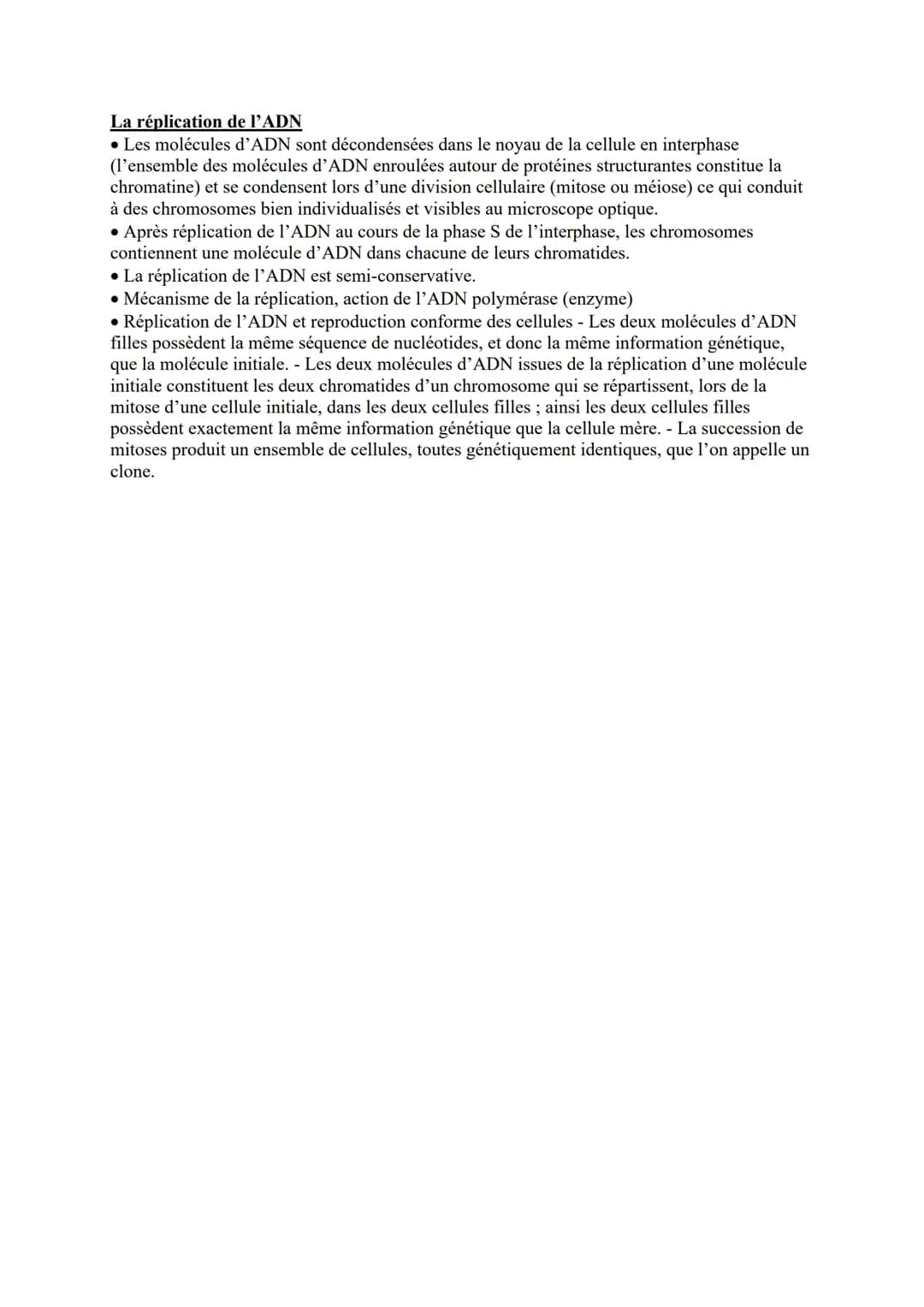 # La réplication de l'ADN
* Les molécules d'ADN sont décondensées dans le noyau de la cellule en interphase
(l'ensemble des molécules